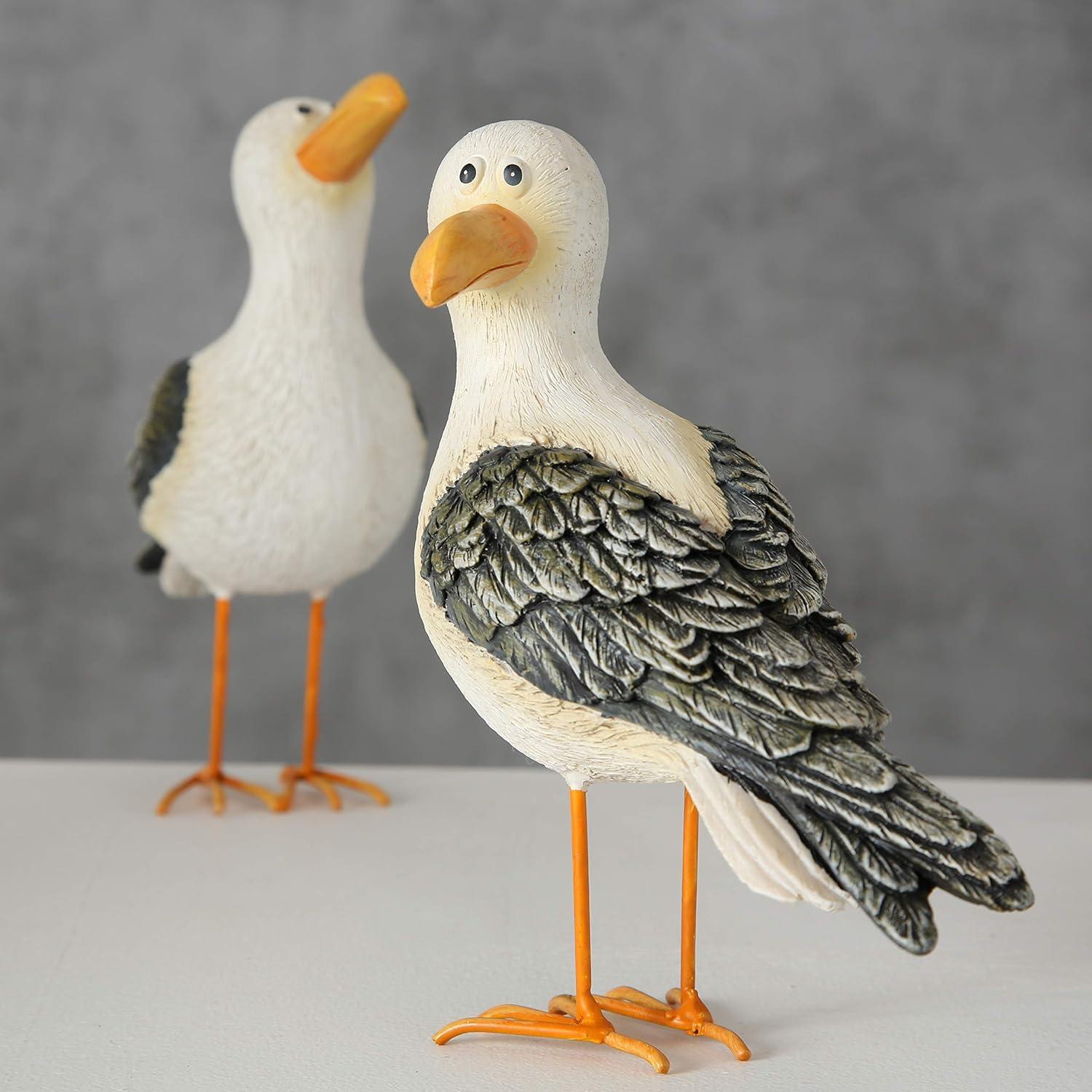 2 Piece Sea Gulls, Bird Figurine Set, White, Gray, and Orange, Handcrafted, Painted, Cast Poly Resin,  Iron Legs, 7.0 L x 2.75 W x 6.0 H Inches