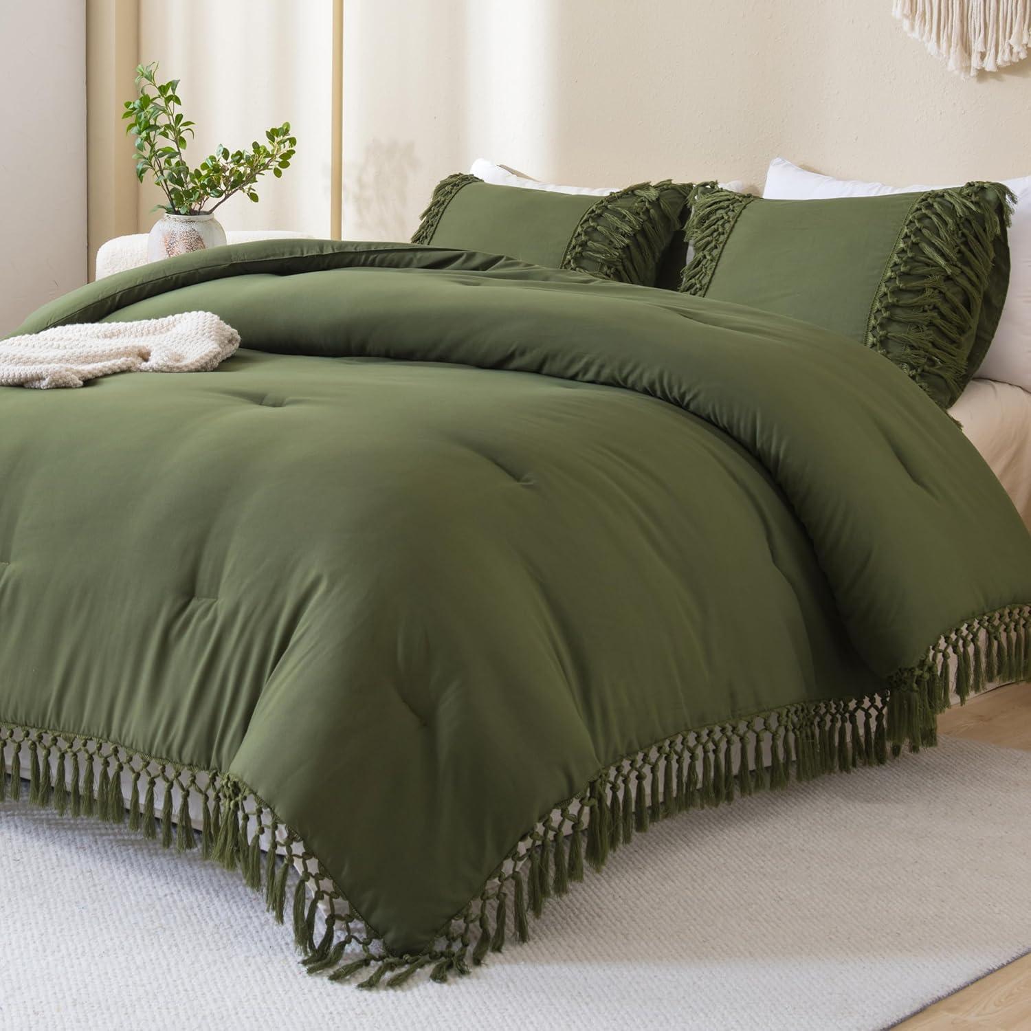 Sage Green King Microfiber Boho Tassel Comforter Set