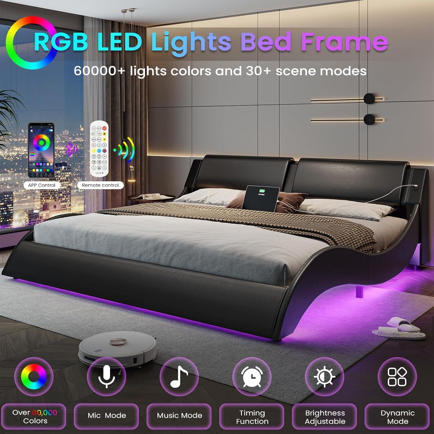 Queen Bed Frame Wave Like Curve Upholstered Platform Bed Frame with RGB Led Lights Underneath, Strong Wood Slats Support,Black