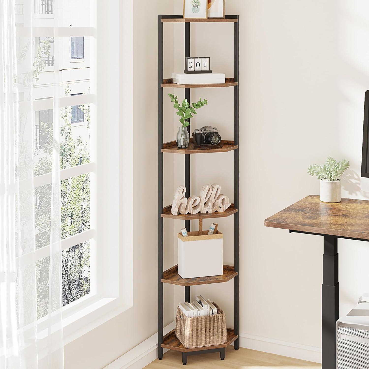 Corner Shelf Stand, Corner Bookshelf, Storage Standing Shelf Unit with Metal Frame, Plant Stand, Corner Bookcase for Living Room, Home Office, Bedroom, 4-Tier Rustic Brown CS05801B