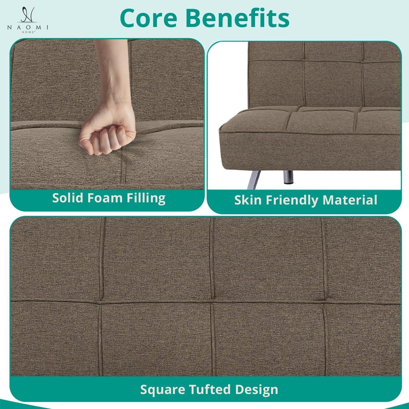 Modern Futon Sofa Bed - Compact Design for Small Spaces - Convertible Futon with Linen Fabric for Premium Comfort - Ideal Guest Couch - Stylish & Durable, Supports up to 750 lbs. - Tangerine