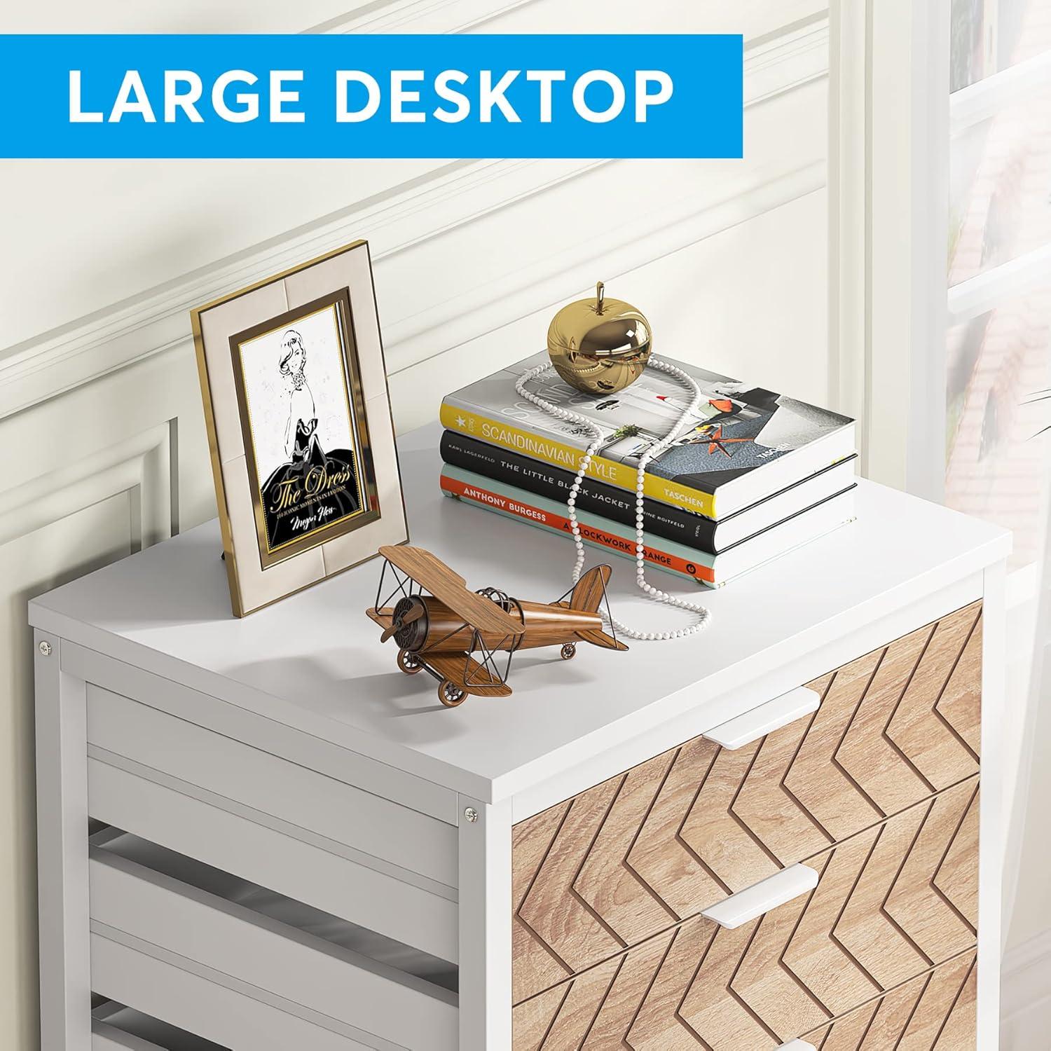 Tribesigns 5 Drawer Chest, Wood Storage Dresser Cabinet with Wheels, Industrial Storage Drawer Organizer Cart for Office Bedroom Entryway, White