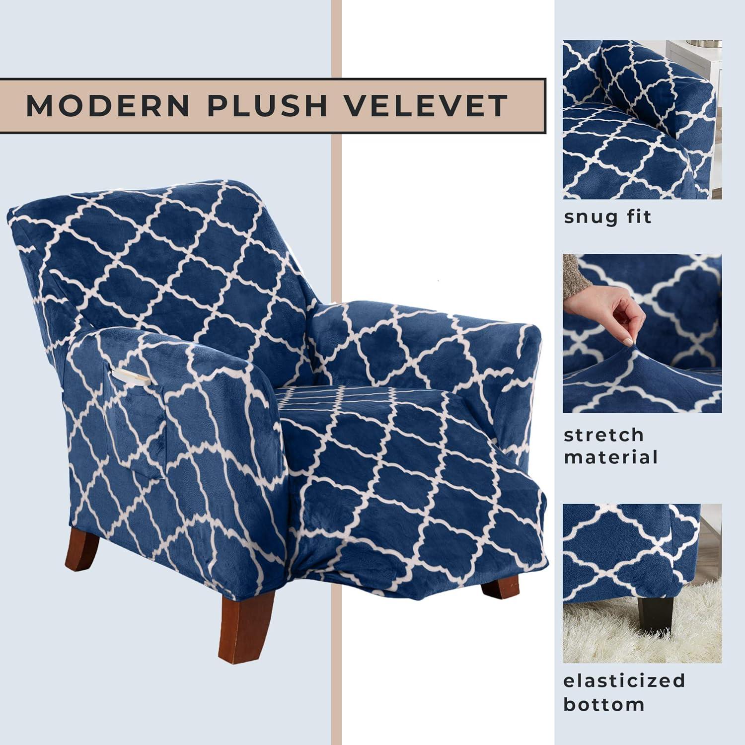 Great Bay Home Stretch Printed Washable Recliner Slipcover (Recliner, Navy)
