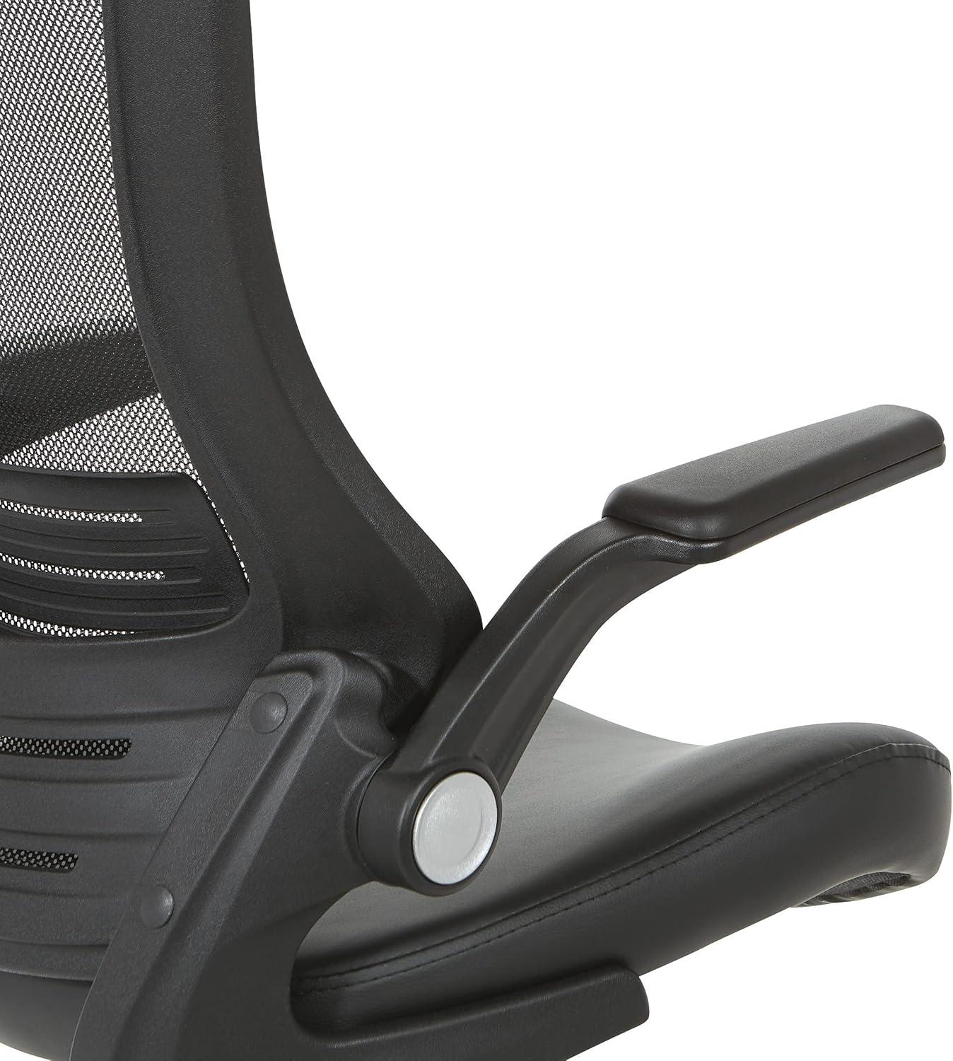 Office Star Products Screen Back Manager's Chair in Black Faux Leather Seat with PU Padded Flip Arms with Silver Accents