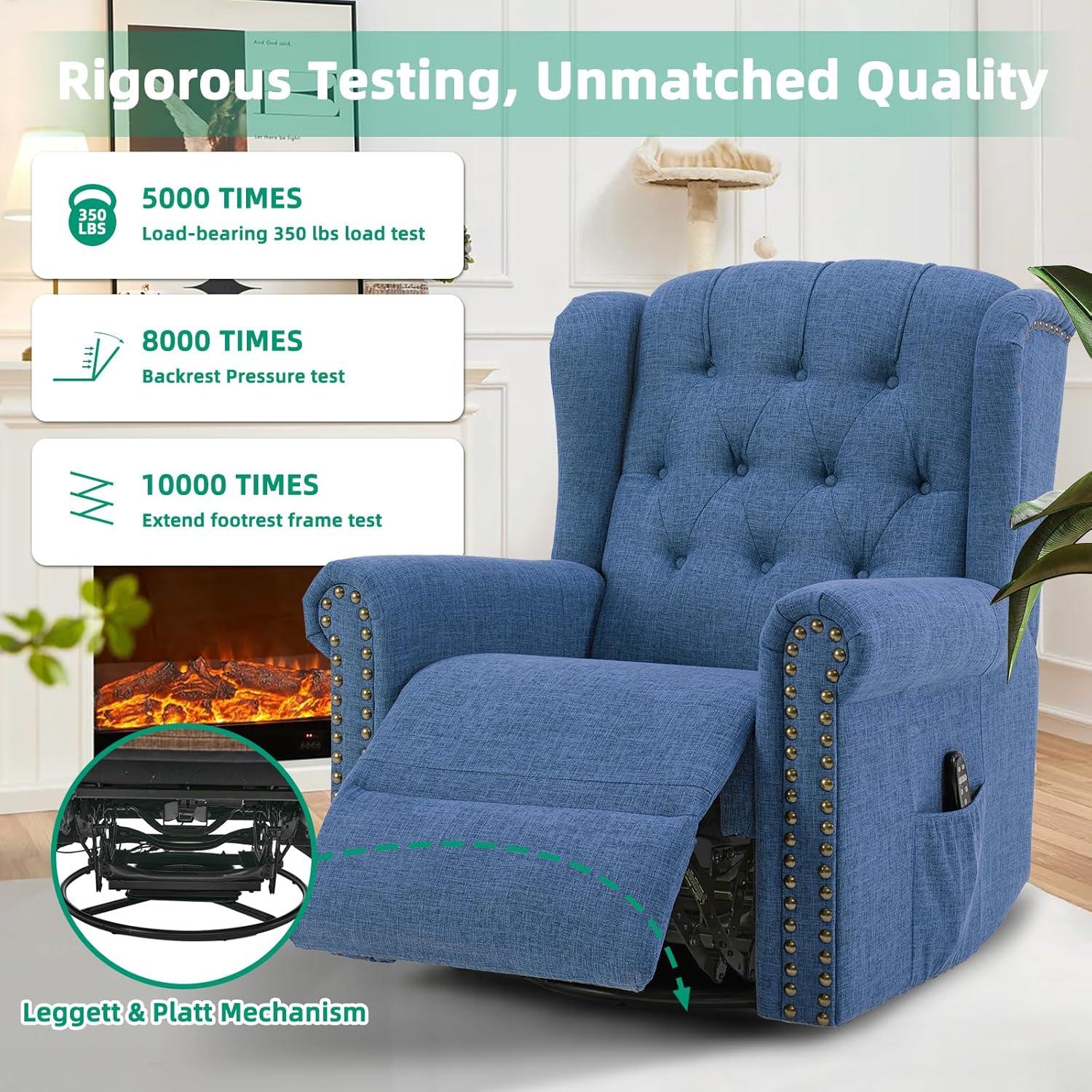 MEETWARM Meetwarm Power Swivel Rocking Glider Recliner Chair With Heat And Vibration, Electric Rocker Nursery Reclining Chair, Wingback Tufted Upholstered Recliner For Living Room, Type-C & Usb Ports