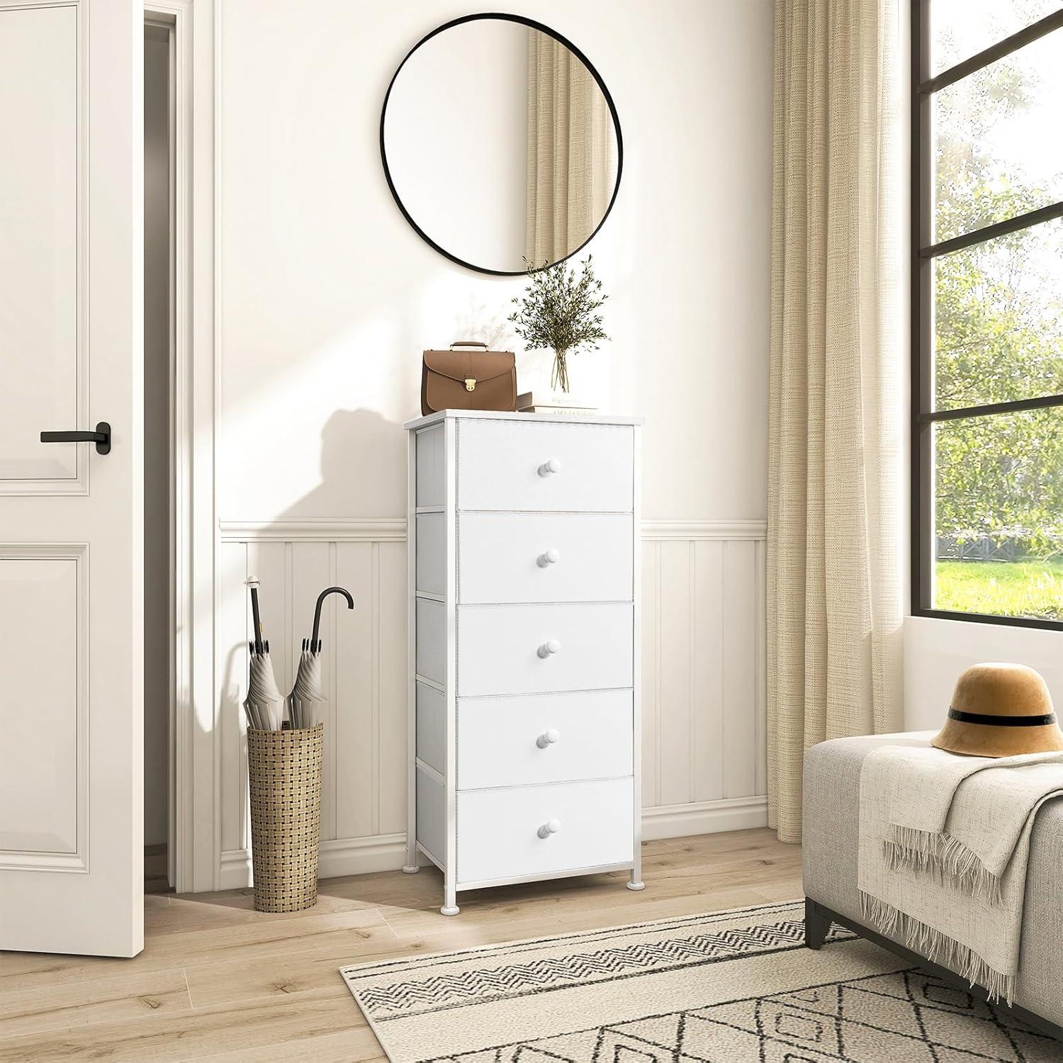 GUNAITO Dressers for Bedroom 5 Drawers Tall Dresser for Bedroom Faux Leather Chest of Drawers Wooden Top Fabric Drawer Rustic Brown RZP5R1