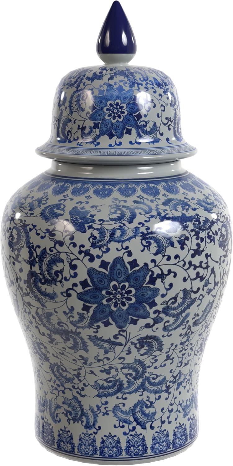 24" Floral Blue & White Porcelain Temple Jar