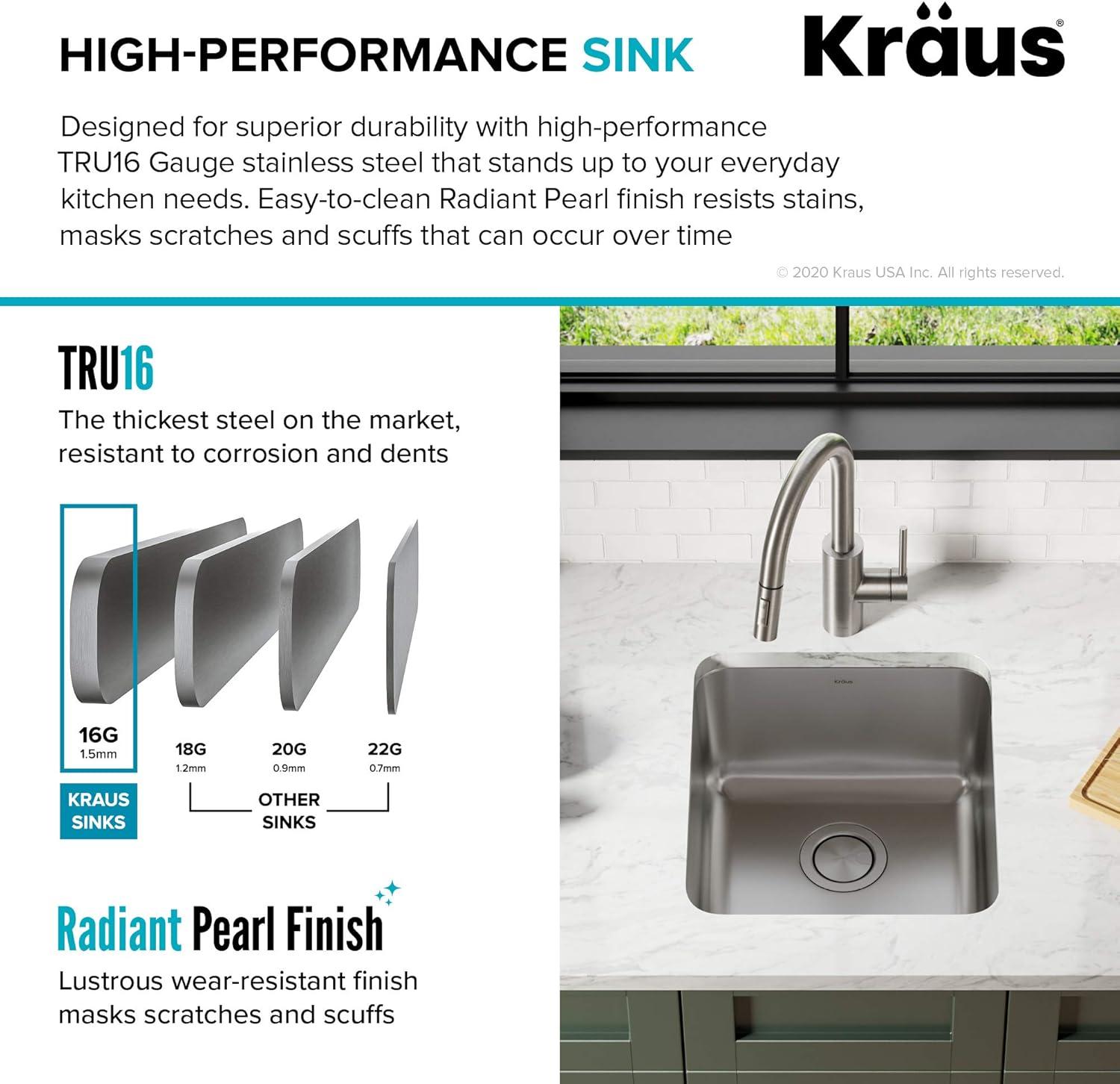 Dex™️ Series KRAUS 17" L Undermount 16 Gauge Stainless Steel Single Bowl Kitchen Sink