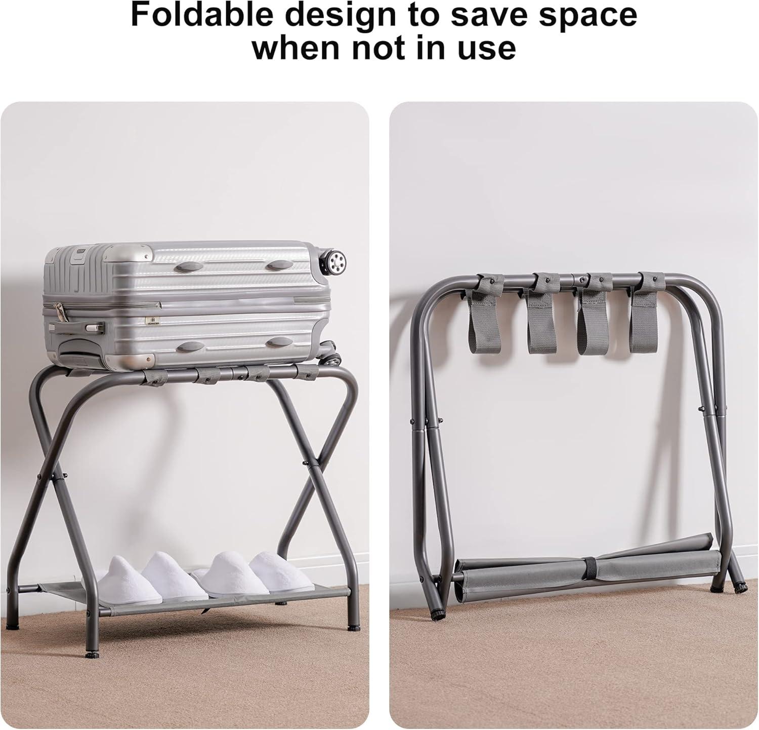 MEBROT Set Of 2, Foldable Suitcase Stands For Guest Room, Metal Luggage Holder With Storage Shelf For Bedroom, Hotel, Easy Assemble