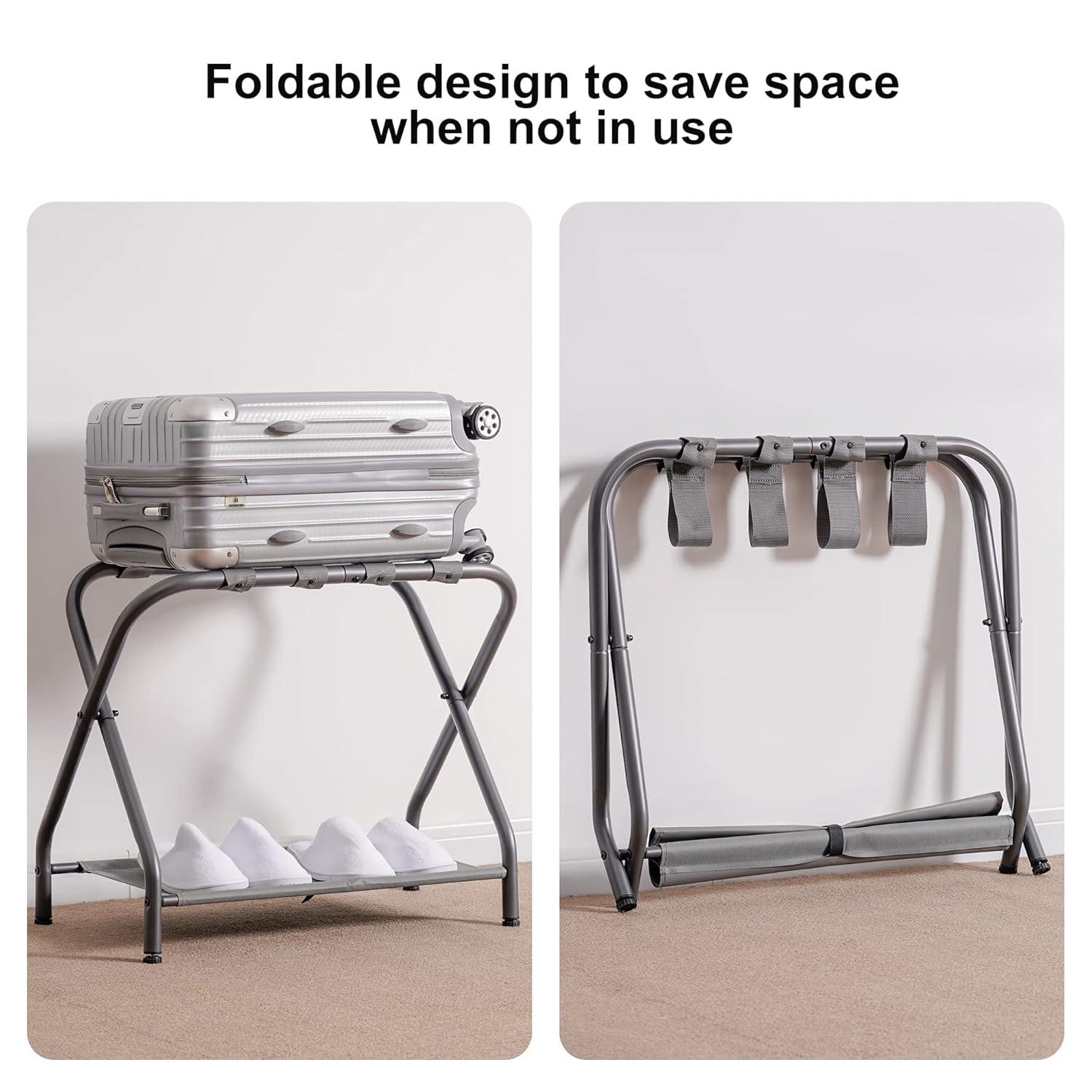 MEBROT Set Of 2, Foldable Suitcase Stands For Guest Room, Metal Luggage Holder With Storage Shelf For Bedroom, Hotel, Easy Assemble