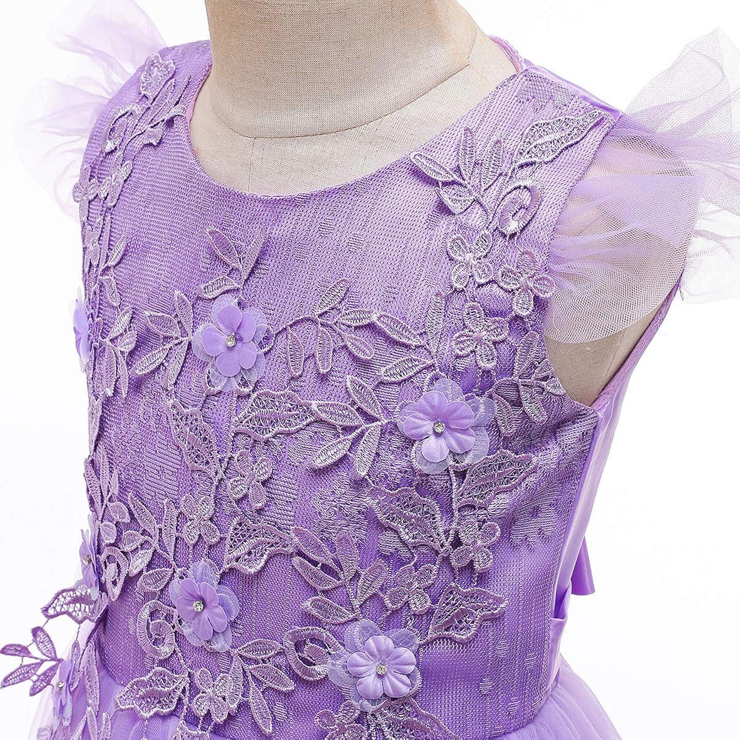 IBTOM CASTLE Flower Girl Princess Floral Boho Lace Embroidered Pageant Dresses for Kids Party Wedding Puffy Communion Maxi Gown 11-12 Years Purple