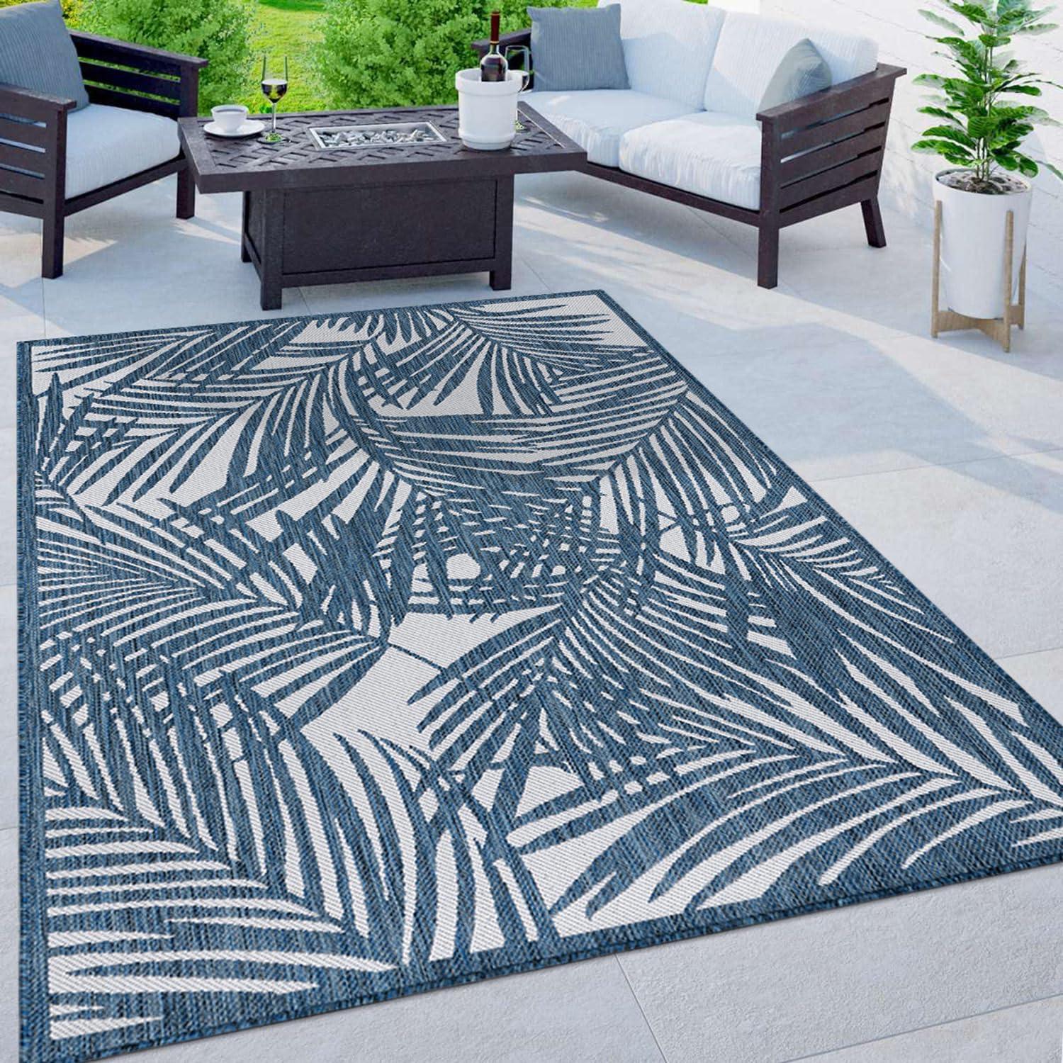 World Rug Gallery Contemporary Palm Leaf Textured Flat Weave Indoor/Outdoor Area Rug - NAVY 5' X 7'