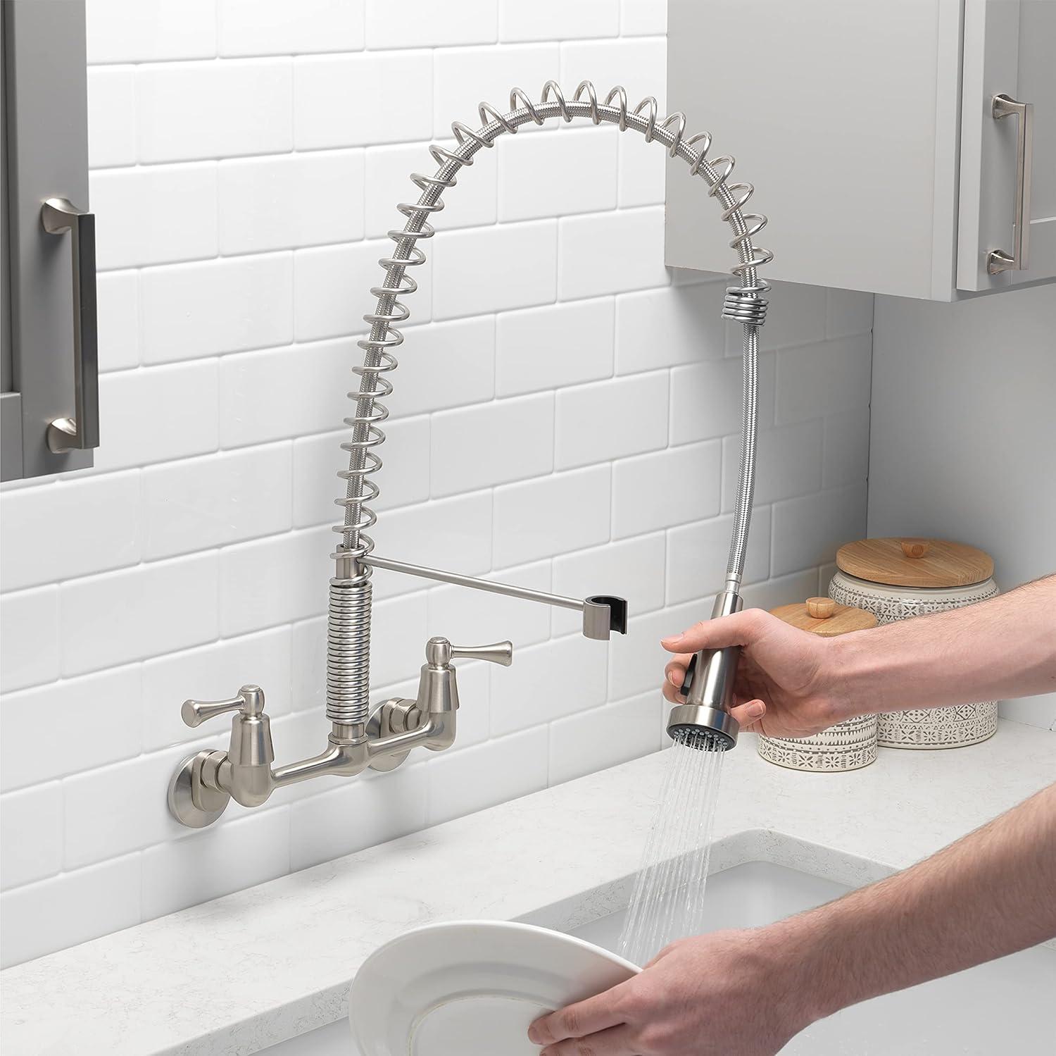 Stainless Steel Wall Mount Kitchen Faucet with Pull-Down Spray