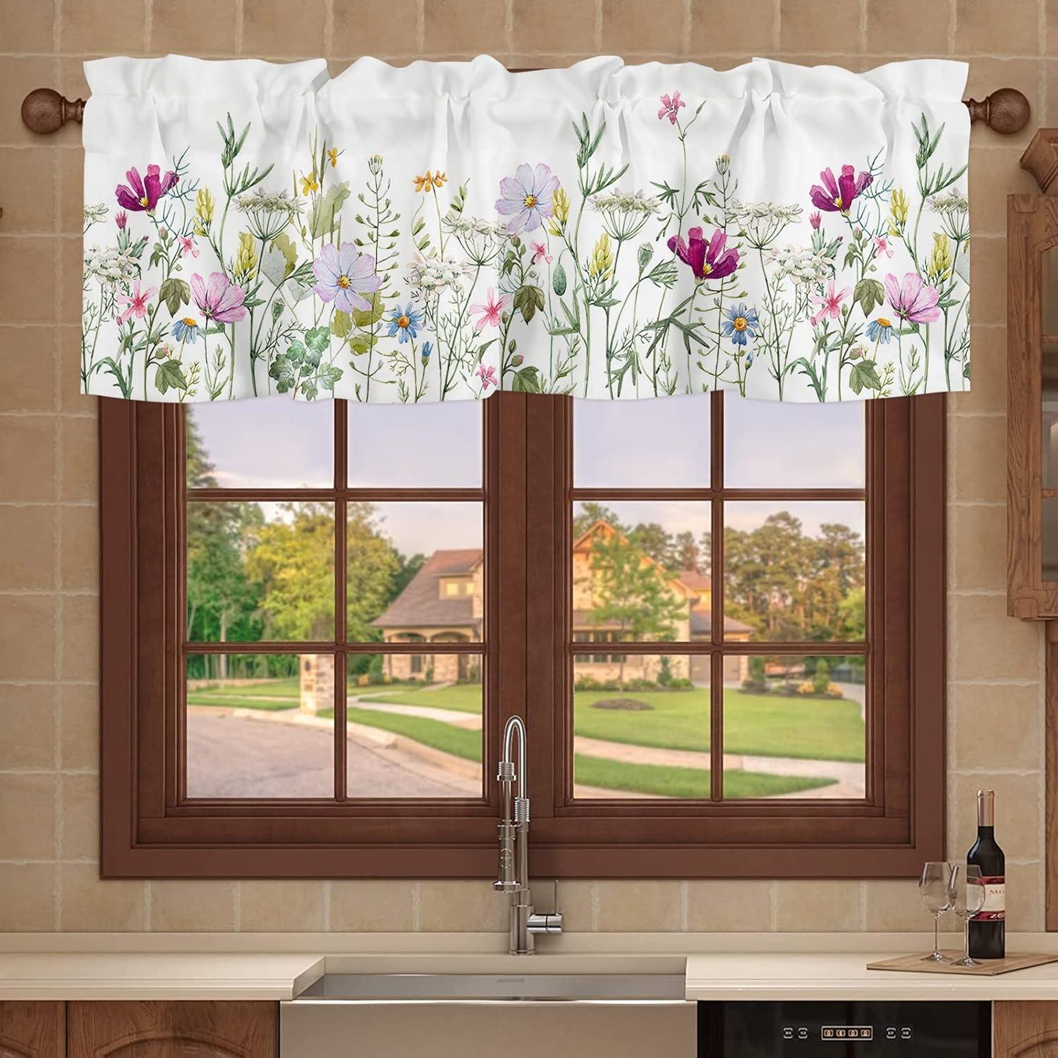 Spring Watercolor Floral Print Valance with Rod Pocket, 54" x 18"