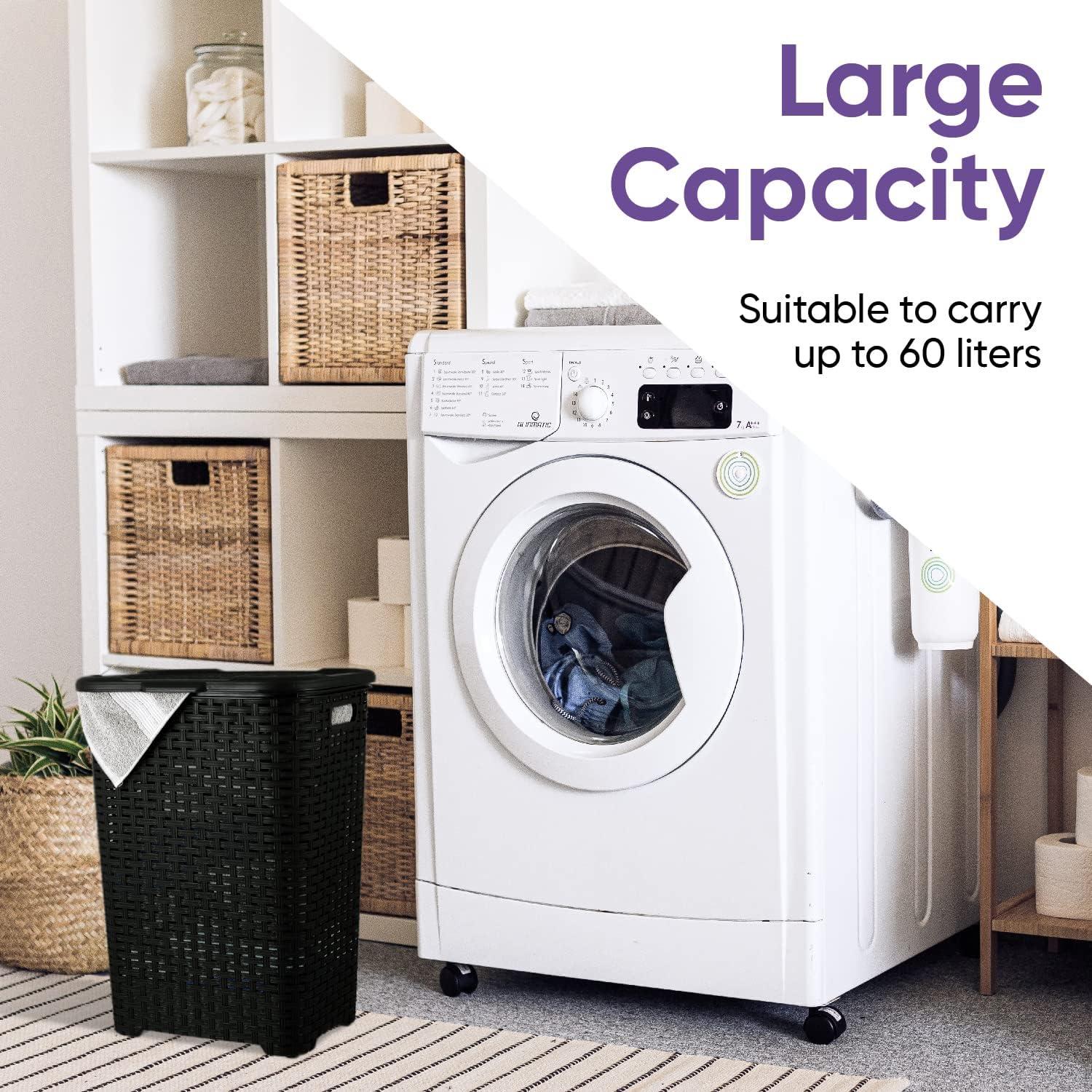 Laundry Basket, Laundry Hamper with Lid, Large 60-liter Wicker Style Hamper with Cutout Handle, to Storage Dirty Clothes in Washroom, Bathroom, Bedroom, or Dorm Room, Grey Color. By Superio