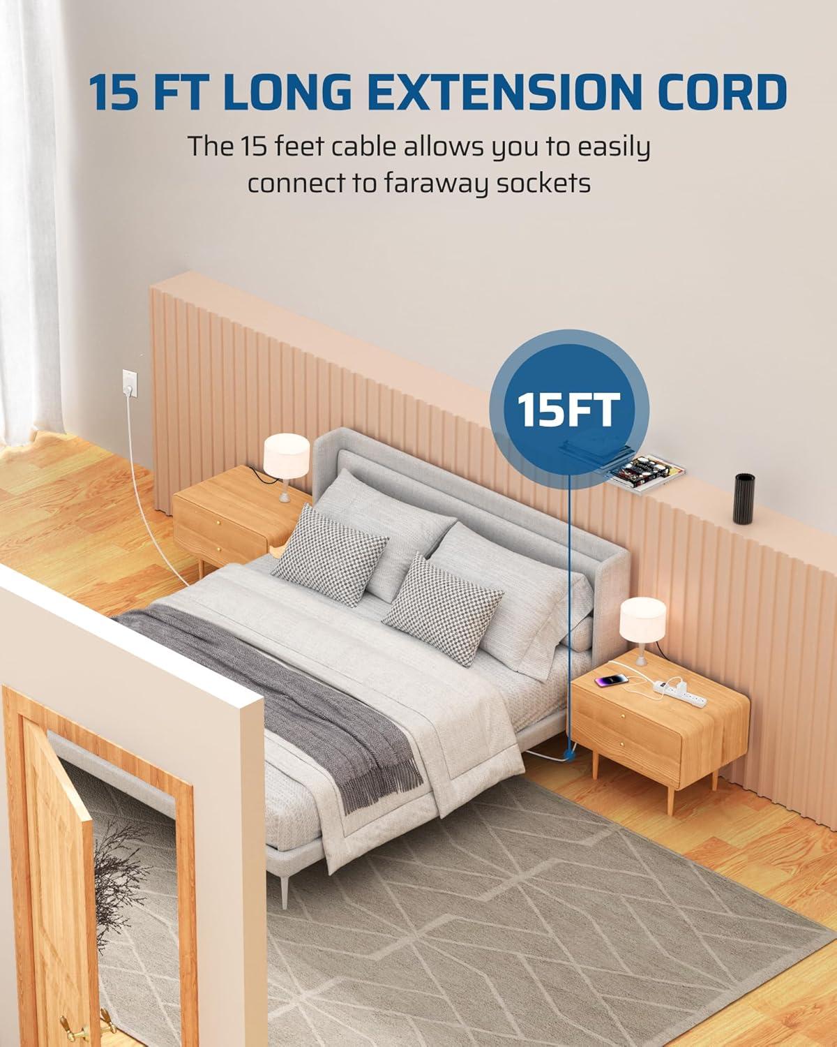 DEWENWILS 6-Outlet Power Strip Surge Protector, 15ft. Extra Long Extension Cord, 500 Joules, Flat Plug, White