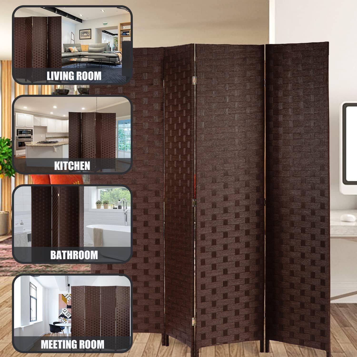 FDW 4 Panel Folding Privacy Room Divider Screen, 70" Tall, Brown