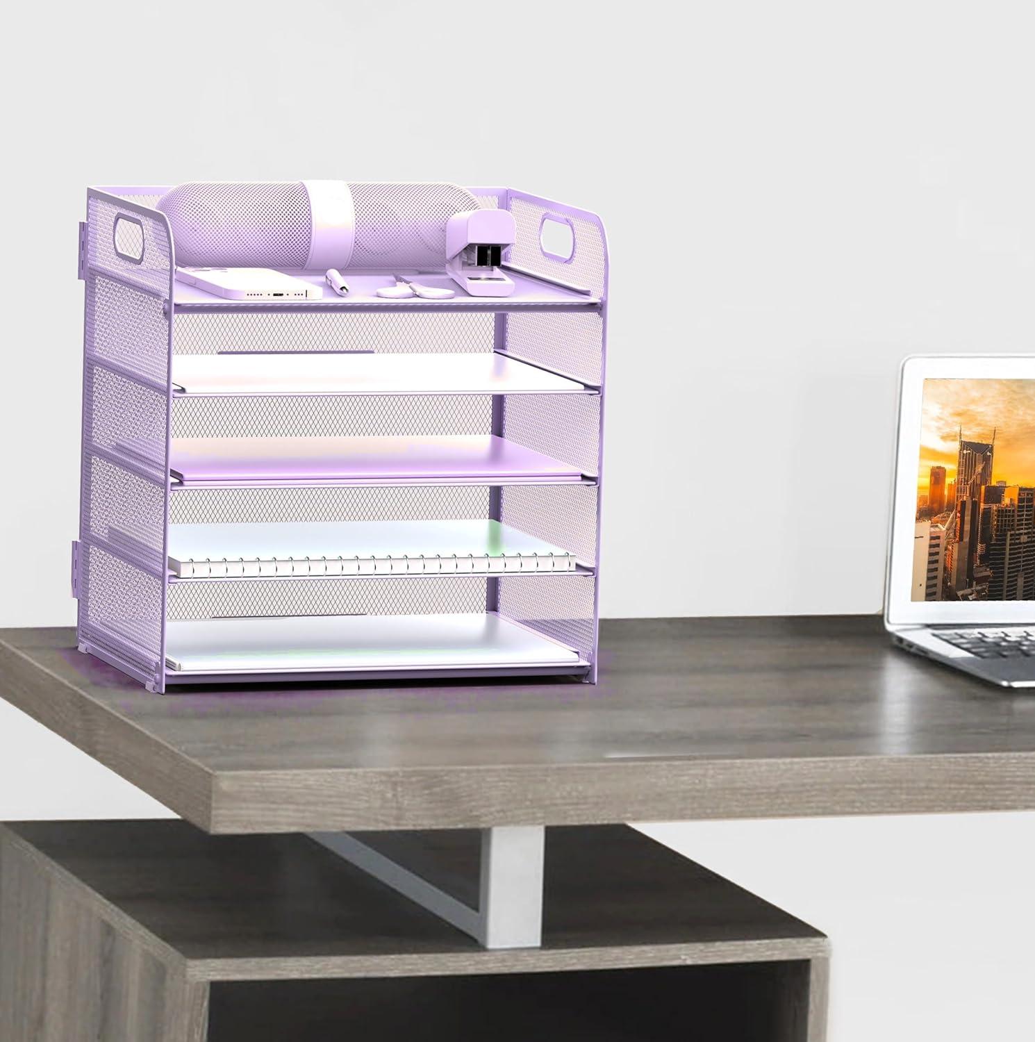 Marbrasse Paper Organizer Letter Tray, 5 Tier Mesh File Organizer with Handle, Paper Sorter Desk Organizer for Home Office Supplies - Purple