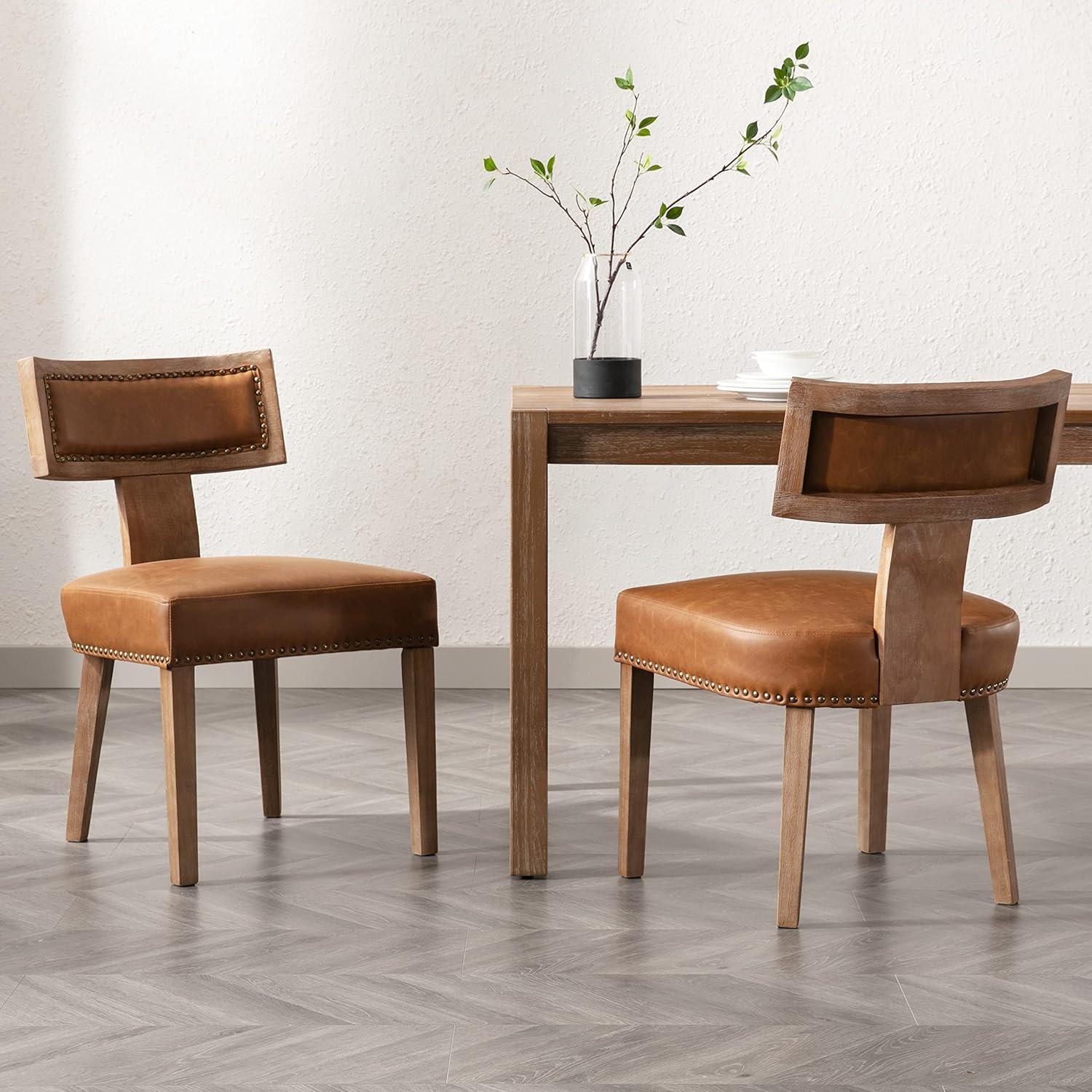 Gracie Oaks Inelda Mid Century Upholstered Dining Chairs Side Chairs Farmhouse Faux Leather Dining Chair with Wood Legs (Set of 2)