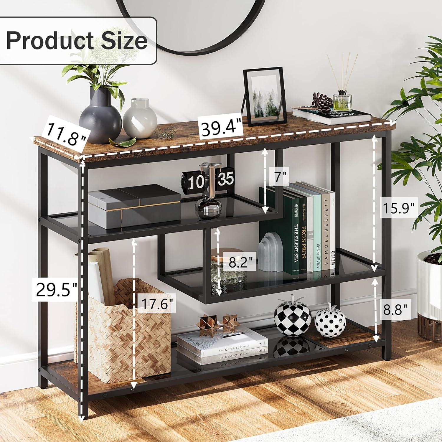 Console Table, 4-Tier Sofa Tables Narrow Entryway Table with Glass Shelf and Metal Frame, 39.4" Behind Couch Table Industrial Hallway Table for Living Room, Foyer, Bedroom