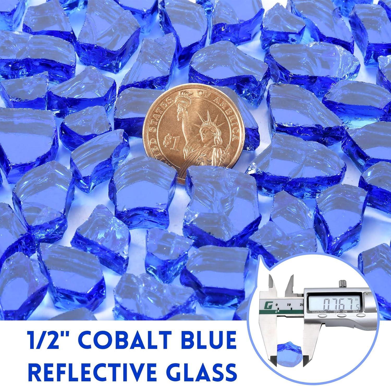 10 lb Fire Glass for Propane Fire Pit, 1/2" Gorgeous Reflective Fireplace Glass Rocks, Cobalt Blue