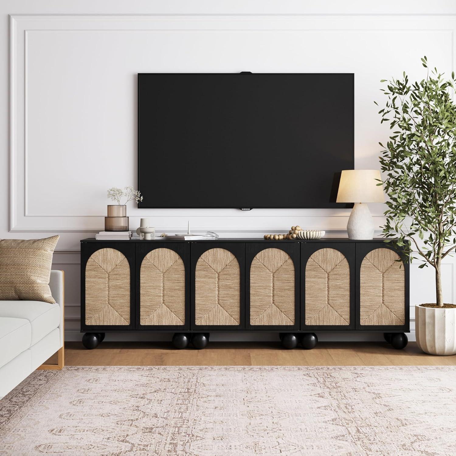 Black Seagrass Bohemian TV Stand with Solid Wood Legs