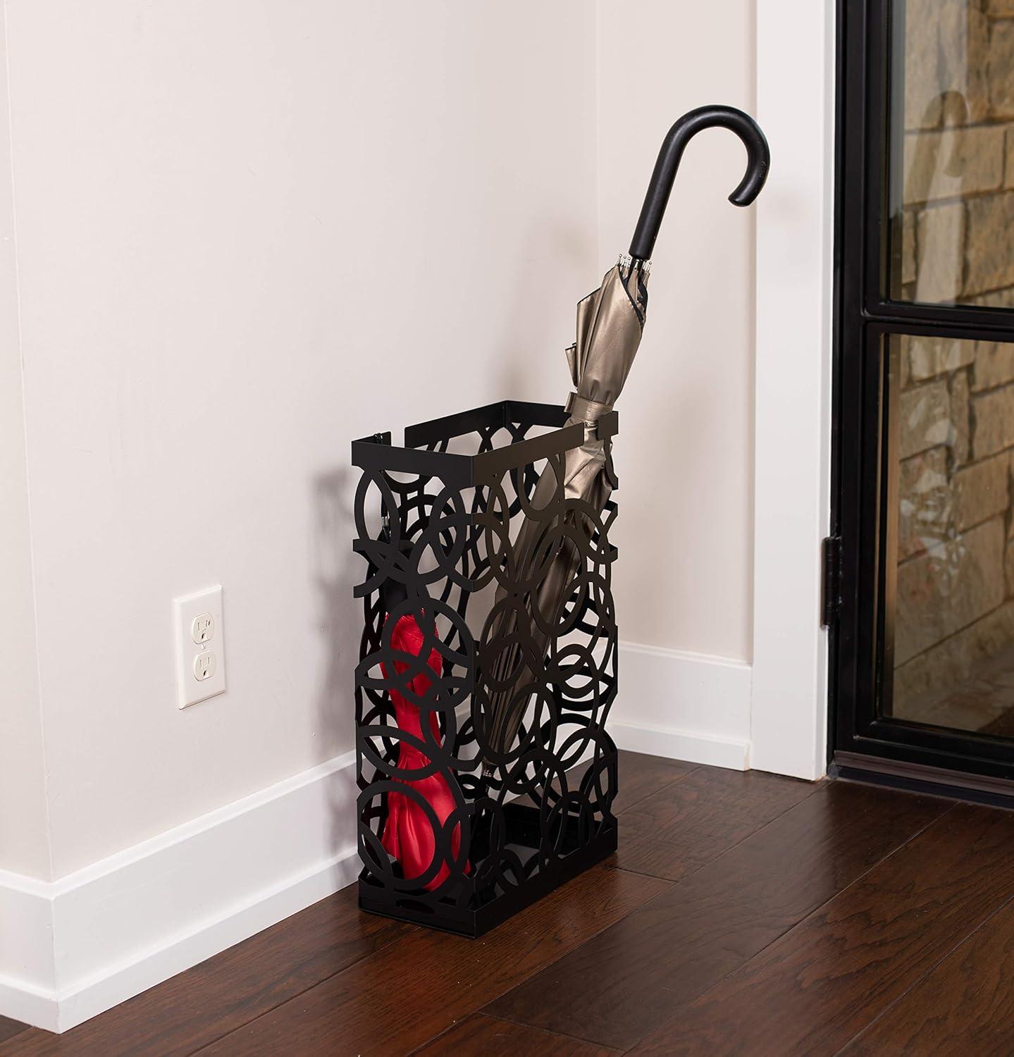 BIRDROCK HOME Decorative Umbrella Stand with Removable Water Tray - Large Metal Umbrella Rack and Cane Walking Stick Organizer for Entryway - Umbrella Holder for Indoor & Outdoor - Black, Circle