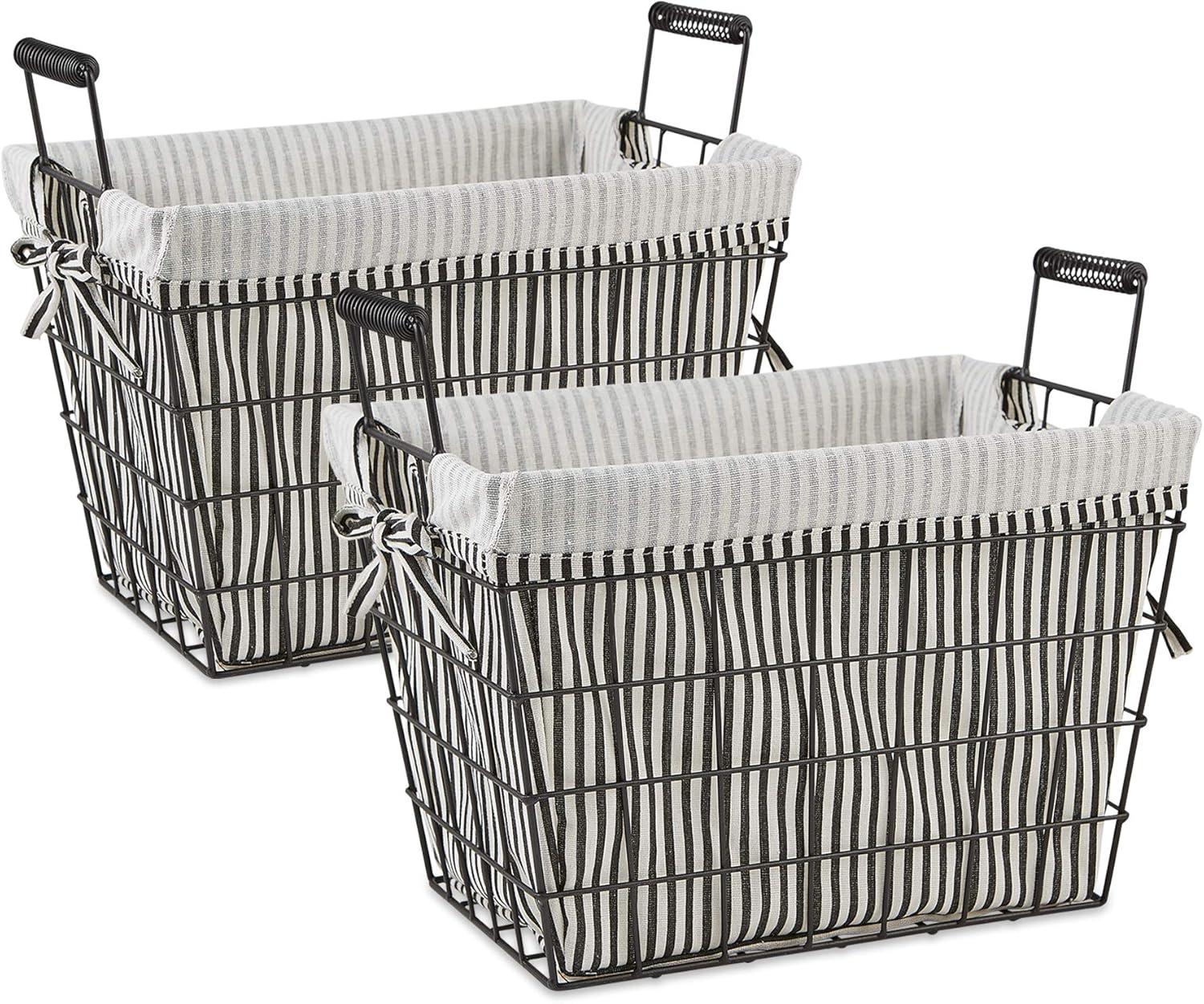DII Metal Farmhouse Lined Basket, Contemporary Storage Container, Ticking Stripe, Assorted