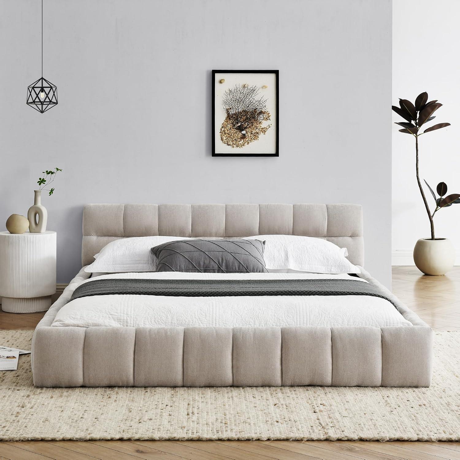 Kumix Queen Size Platform Bed, Upholstered Platform Bed with Thick Fabric, Chenille Fabric Grounded for Kids Teens Adults, Queen Platform Bed Frame with Headboard and Solid Frame, Beige