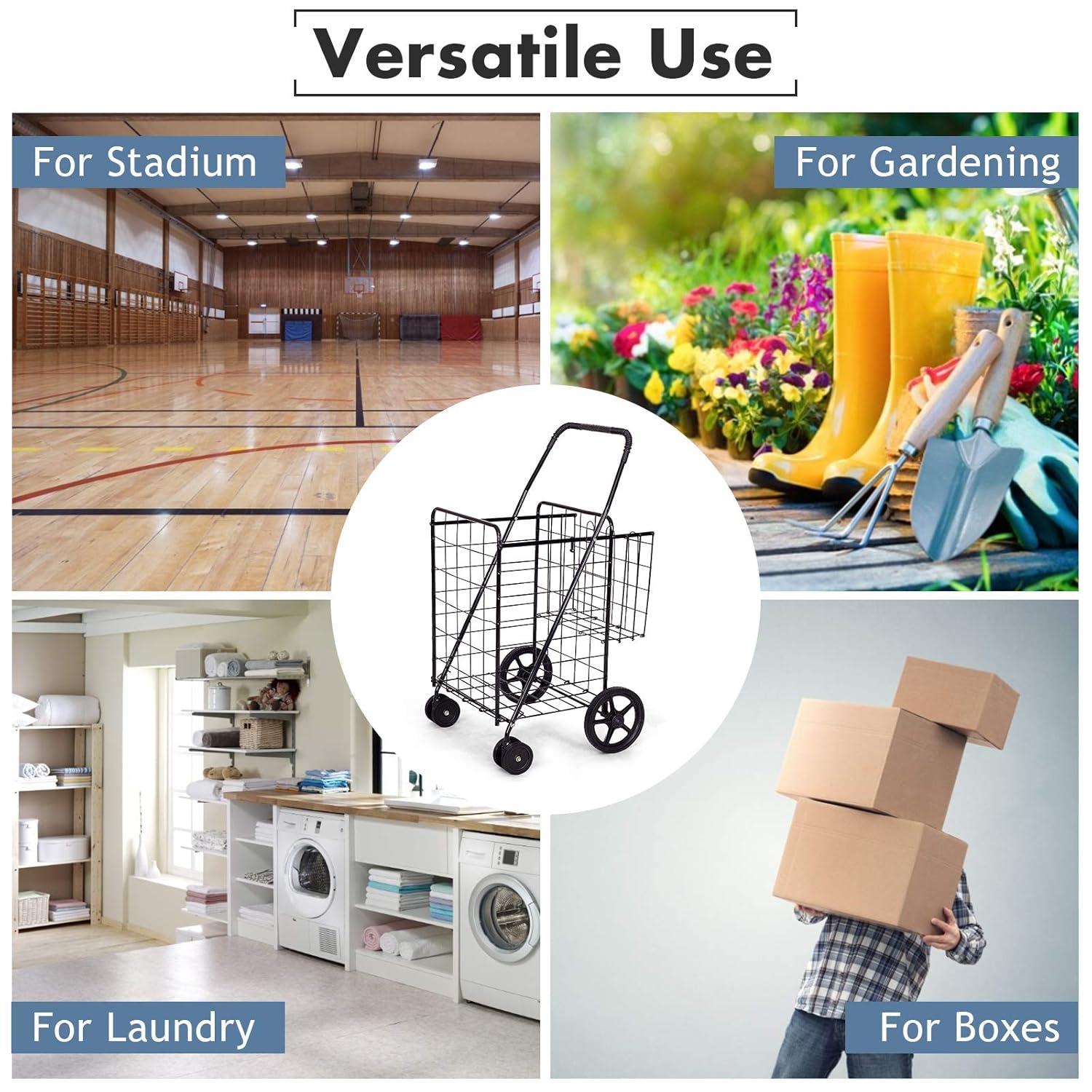 Exlonjet Folding Shopping Grocery Cart Metal Rolling Cart with Double Basket Non-Slip Handle and Swivel Wheels, Light Weight Utility Cart for Laundry Book Luggage Travel