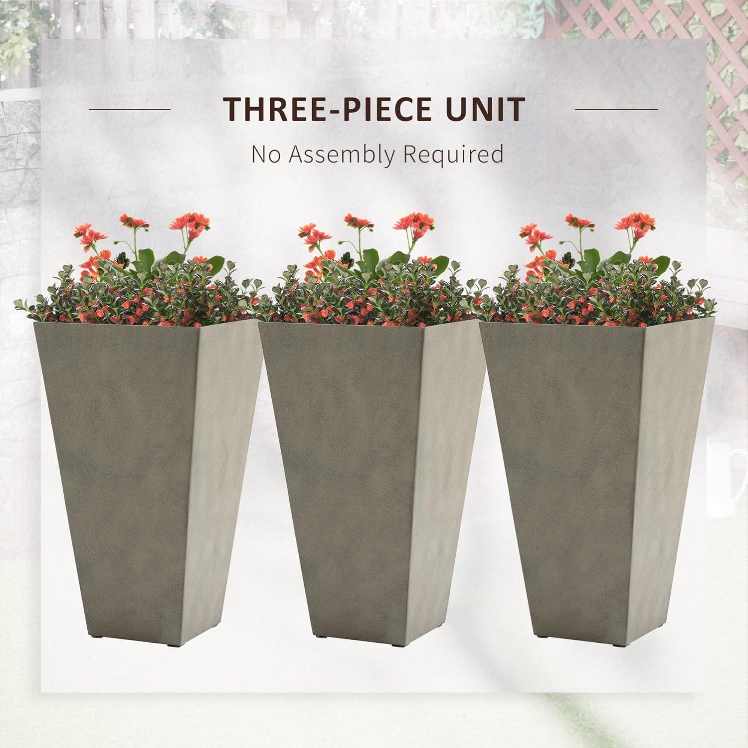 Set of 3 Tall Gray Polypropylene Square Planters with Drainage Hole