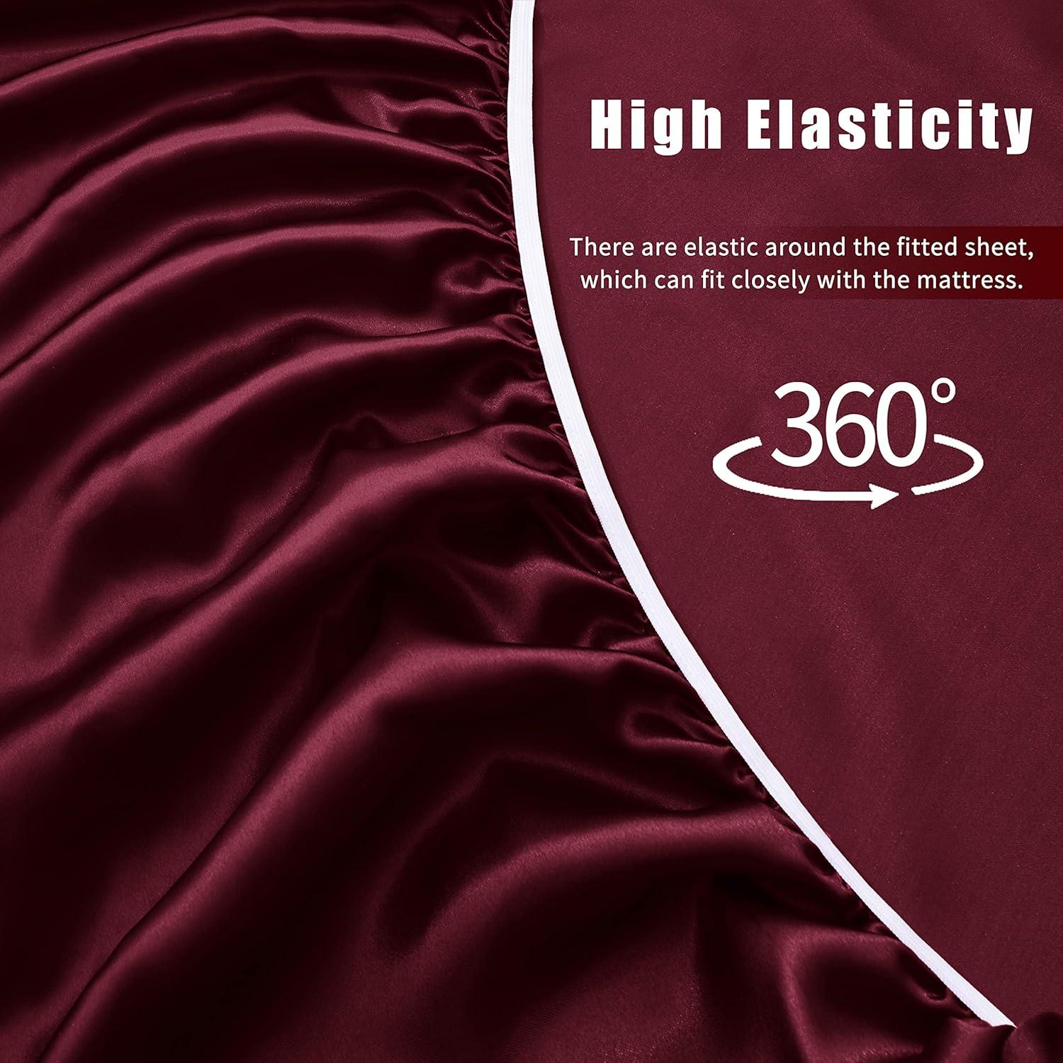 Cloud Fino Luxurious Satin Bed Sheets Burgundy Silk Sheets King 15 " Deep Pocket Pillowcases Sheet, 4-Piece