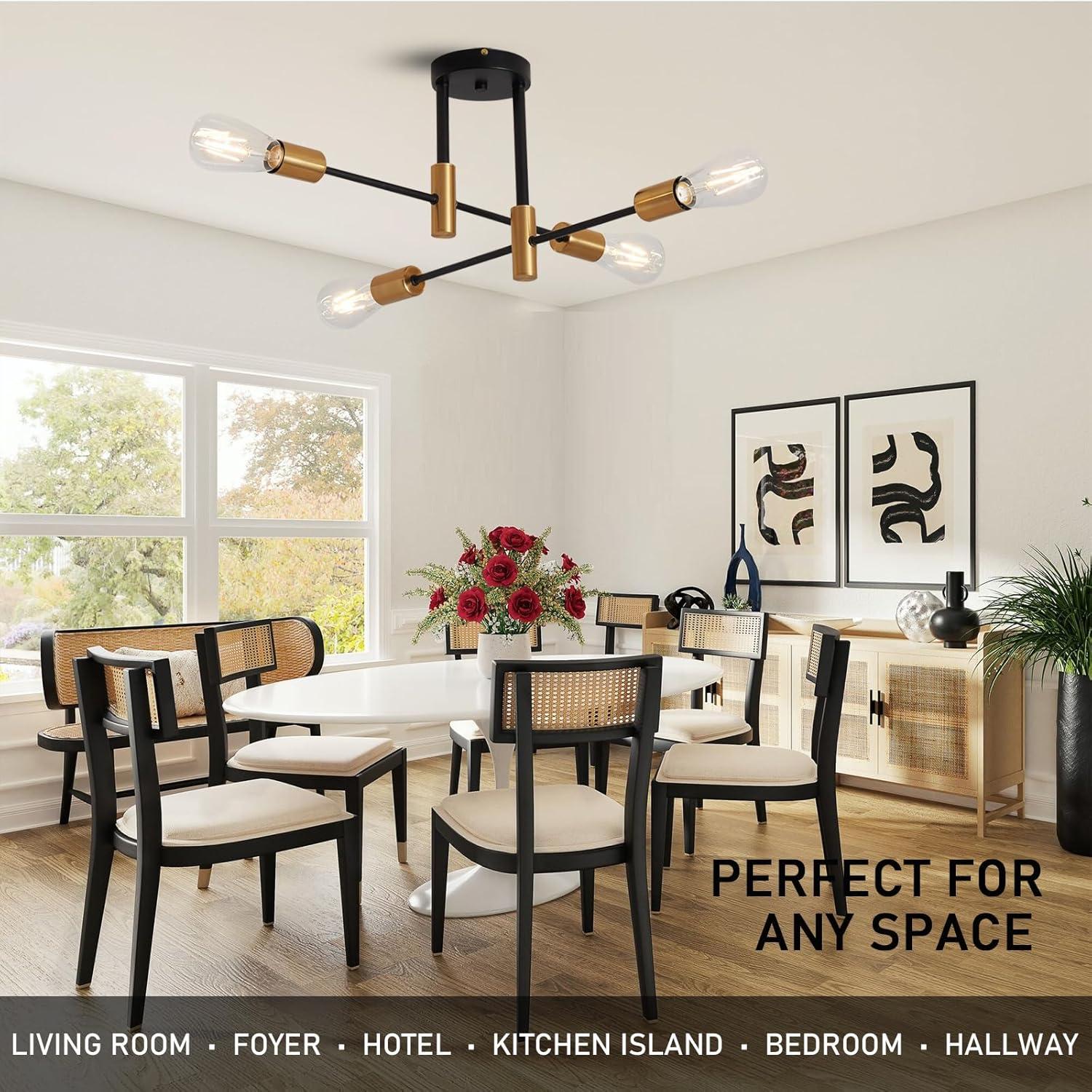 Sputnik Chandelier - 4-Light Semi Flush Mount Ceiling Light Fixture,Mid Century Modern Hanging Light Fixtures,Black and Gold Chandeliers for Dining Room Bedroom Living Room Kitchen Foyer