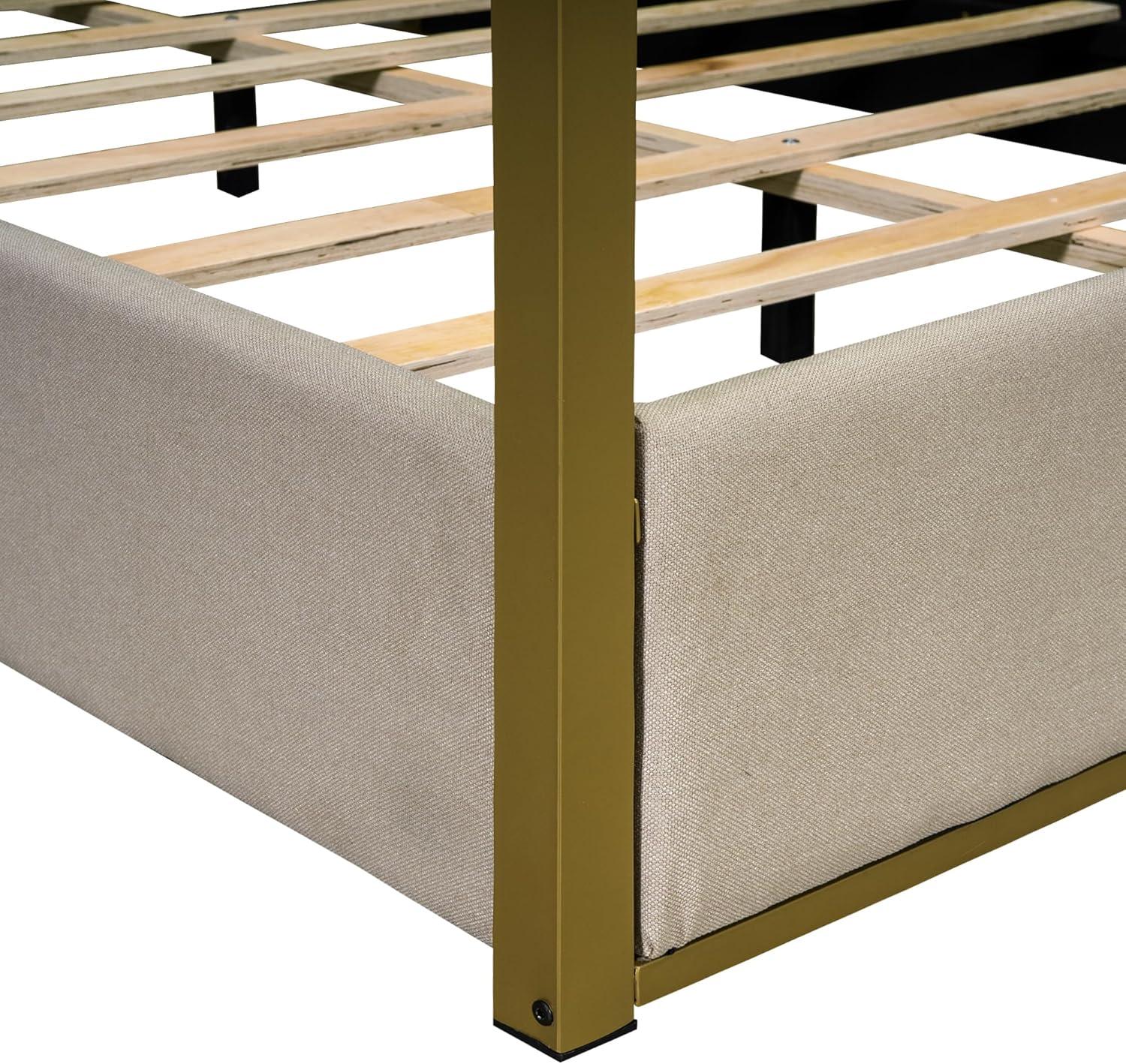 Harper & Bright Designs Queen Size Canopy Platform Bed with Channel Upholstery Tufted Headboard, Gold Metal 4 Post Canopy Bed Frame for Boys Girls Adult, Beige