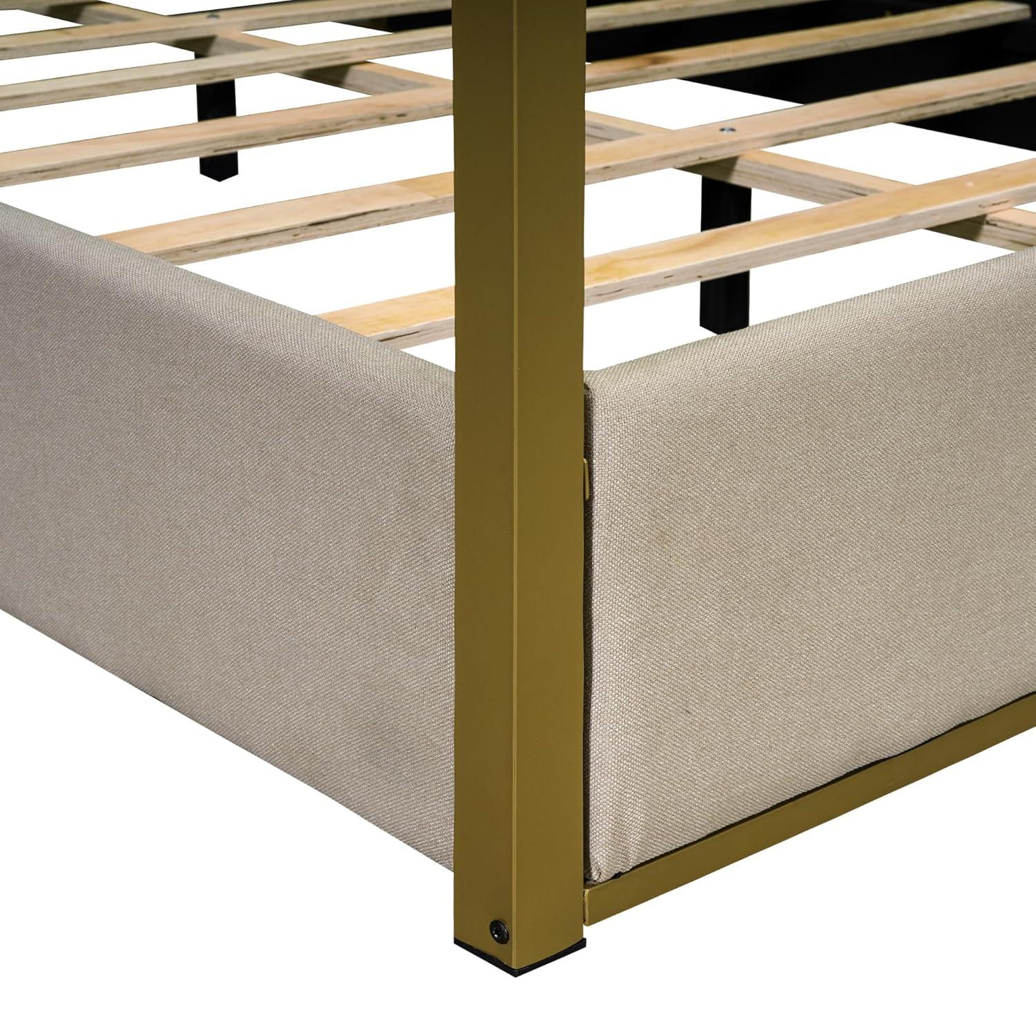 Harper & Bright Designs Queen Size Canopy Platform Bed with Channel Upholstery Tufted Headboard, Gold Metal 4 Post Canopy Bed Frame for Boys Girls Adult, Beige