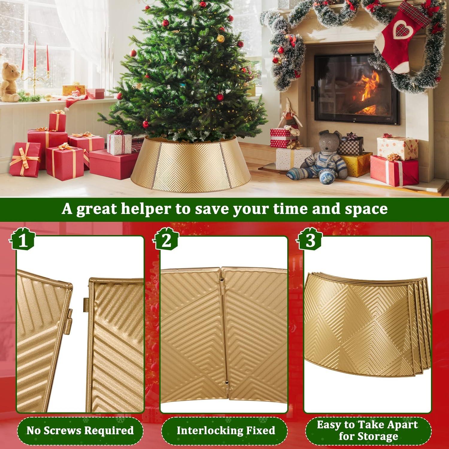 Nordic Hygge 28’’ Christmas Tree Collar, Gold Tree Skirt for Christmas Tree Decor, Christmas Tree Base Cover with Printed Patterns, Metal Tree Collar for Pencil Tree of Living Room