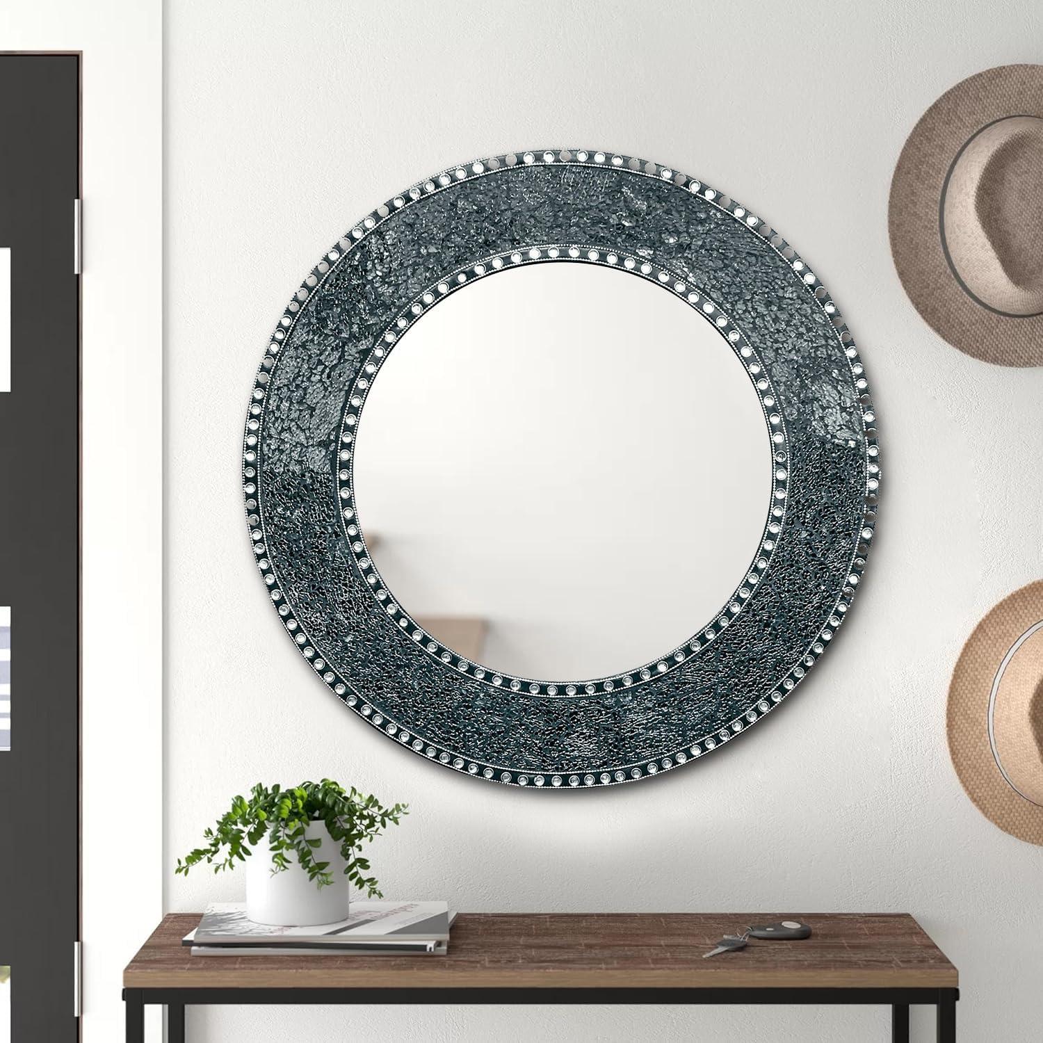 24-Inch Black Crackled Glass Mosaic Round Wall Mirror