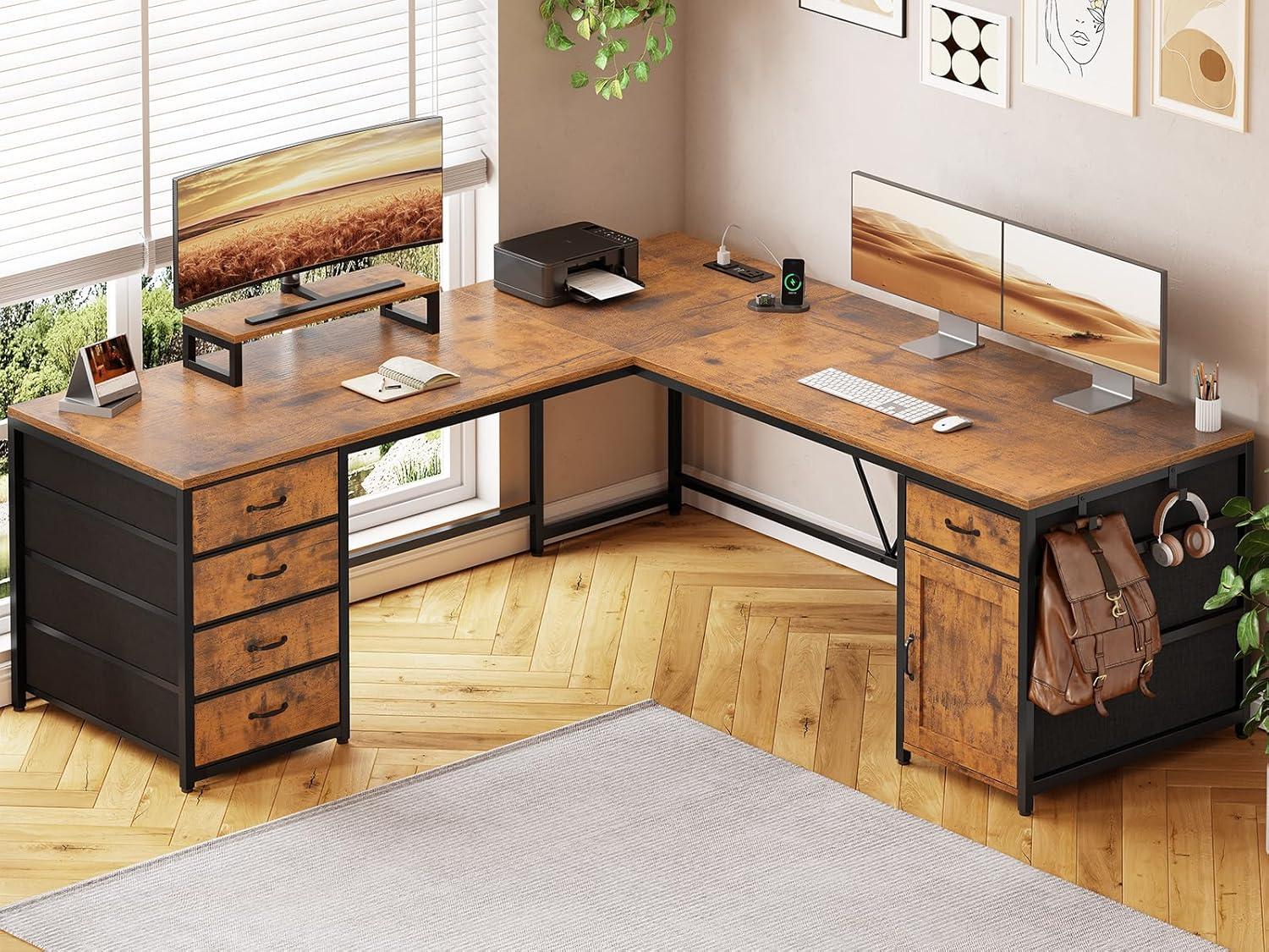 L-Shape Computer Desk with Shelf and Drawer, 63" Corner Desk Two Person Desk with Charging Station Port and Storage Cabinet,Brown