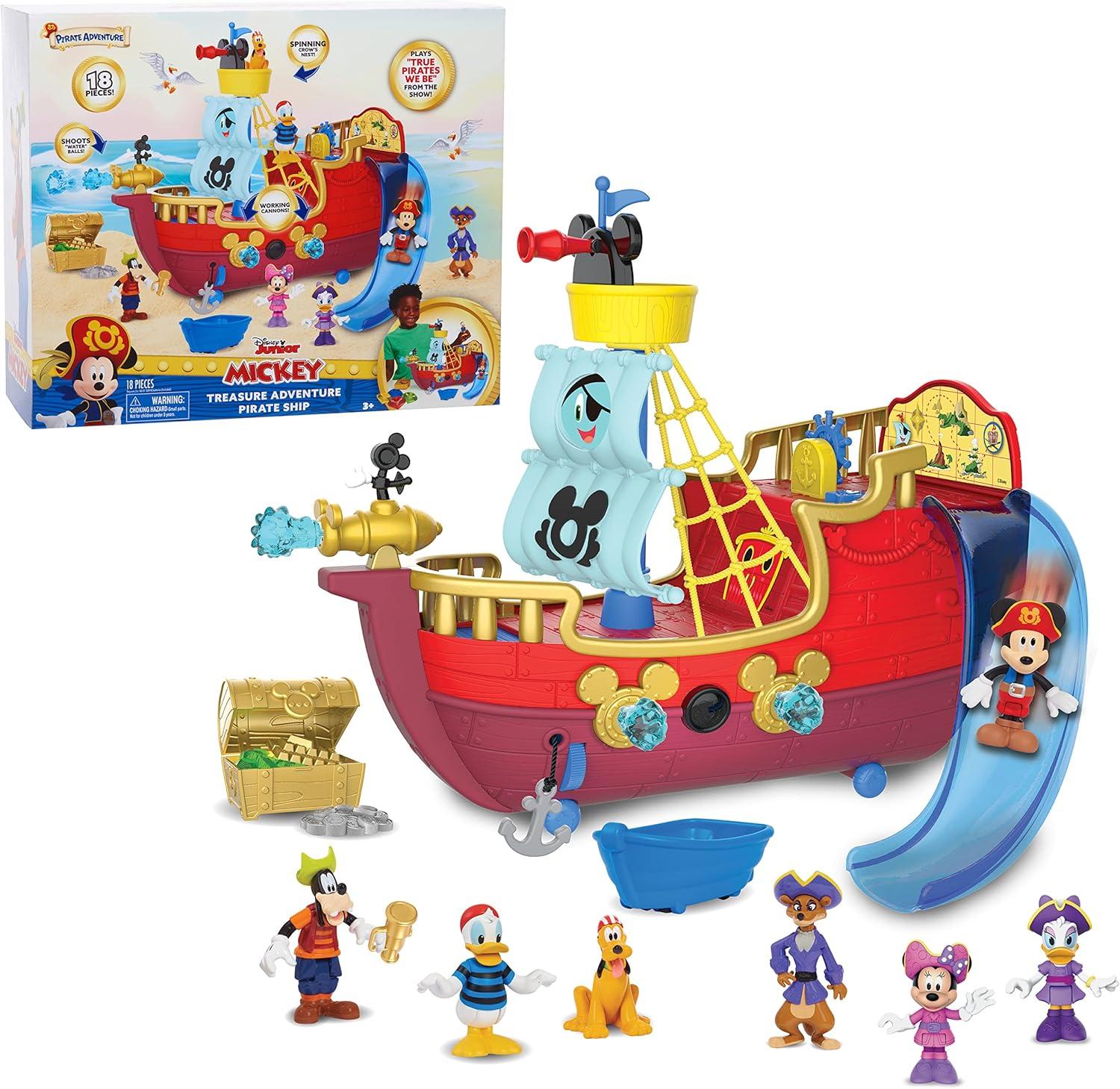 Disney Junior Mickey Mouse Funhouse Treasure Adventure Pirate Ship with Bonus Figures, 18-Piece Toy Figures and Playset, Kids Toys for Ages 3 Up,  Exclusive by Just Play