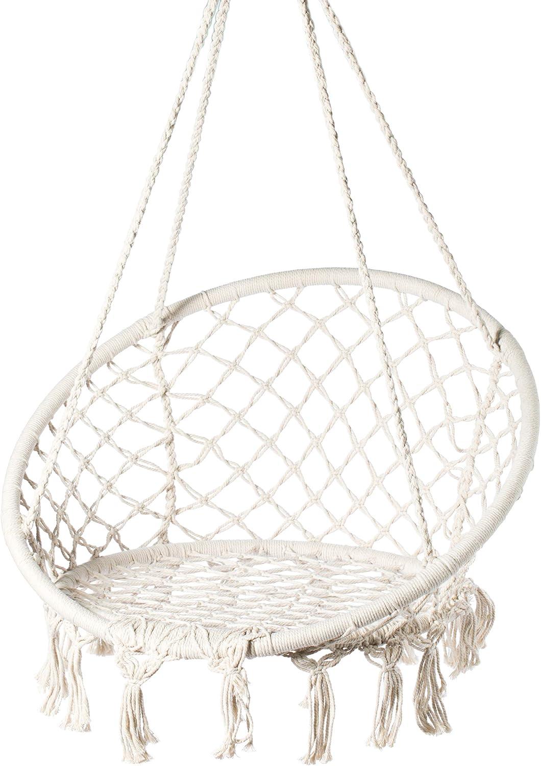 PLAYBERG Round Hanging Hammock Cotton Rope Macrame Swing Chair for Indoor and Outdoor