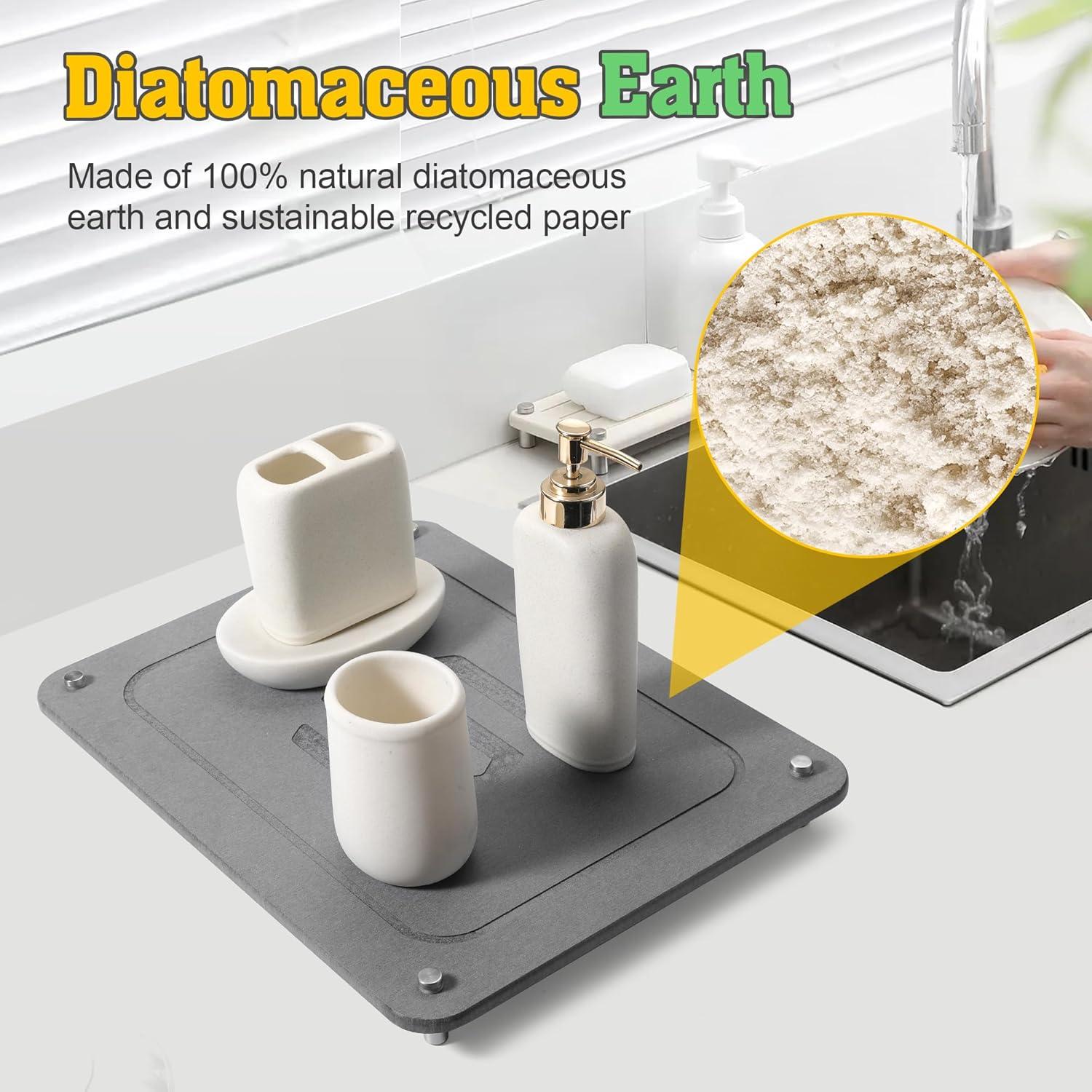 CSD Quick Drying Stone Mat for Kitchen Counter - Super Absorbent & Non Slip Dish Drying Mats - Diatomaceous Earth Sink Tray Mat - Drying Pad - 15.7 × 11.8 Inches