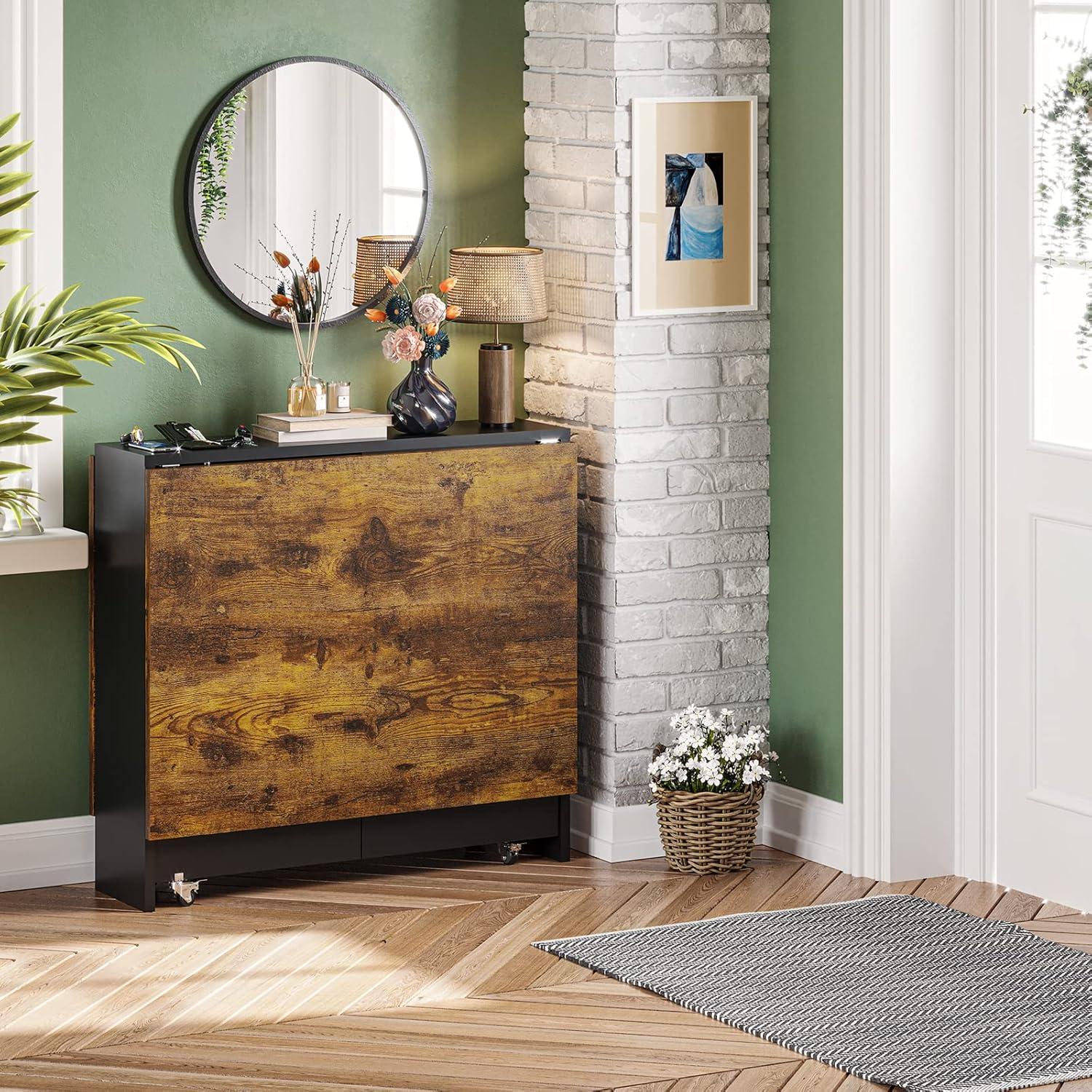 Tiptiper Folding Dining Table with 6 Wheels, Drop Leaf Tables for Small Spaces, Foldable Dining Table with 2-Layer Storage Rack, Folding Kitchen Table, Rustic Brown and Black