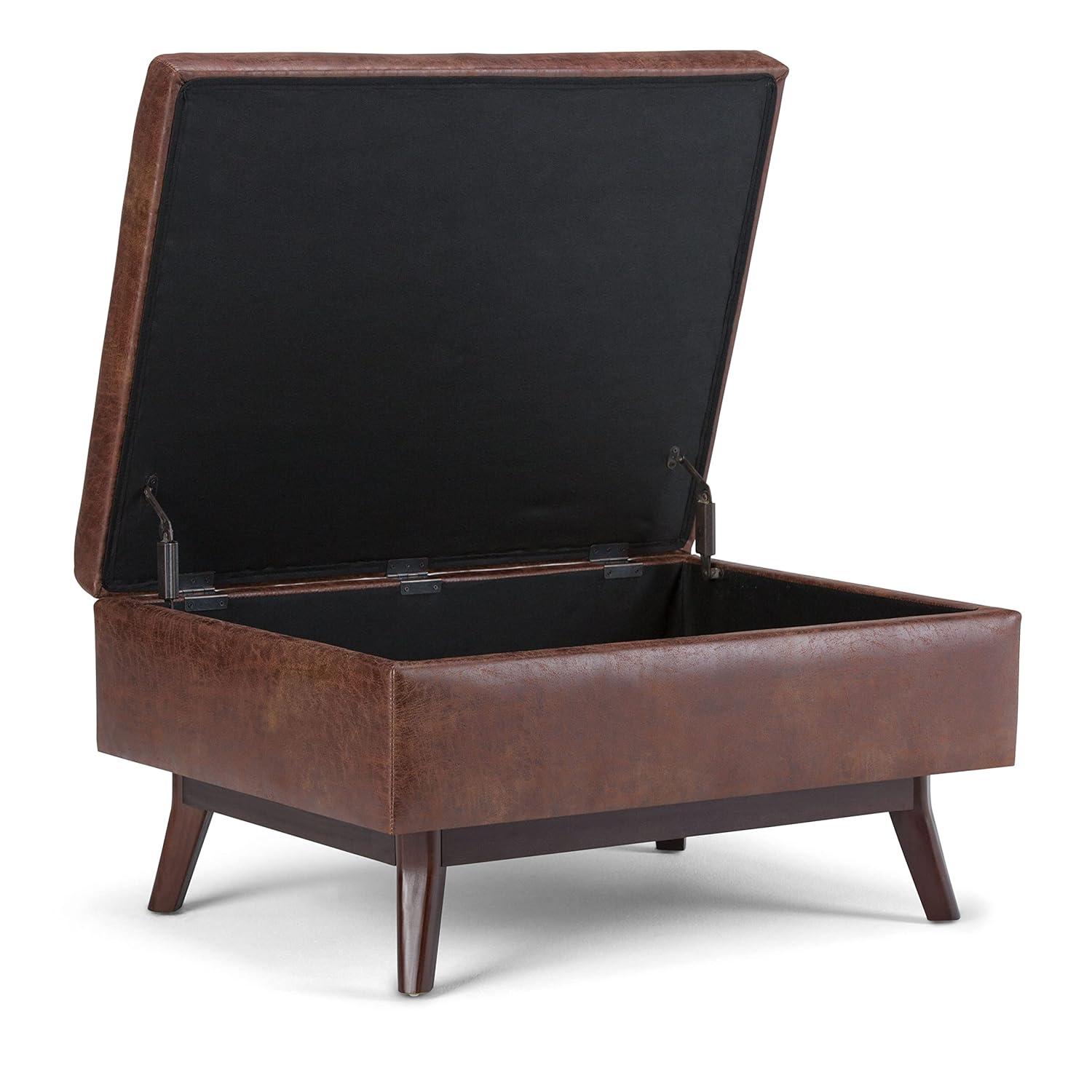Simpli Home Owen 34"W Upholstered Coffee Table Storage Ottoman with Lift Top and Solid Wood Legs