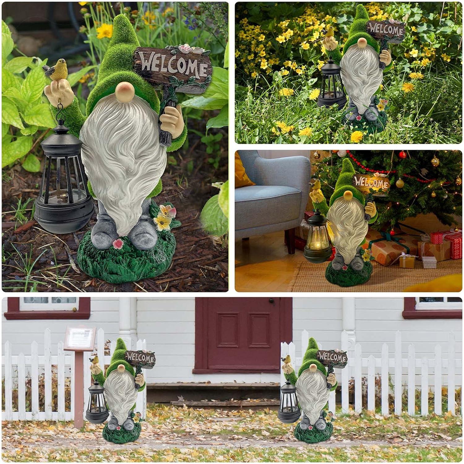 Large Solar Powered Green Garden Gnome with Lantern