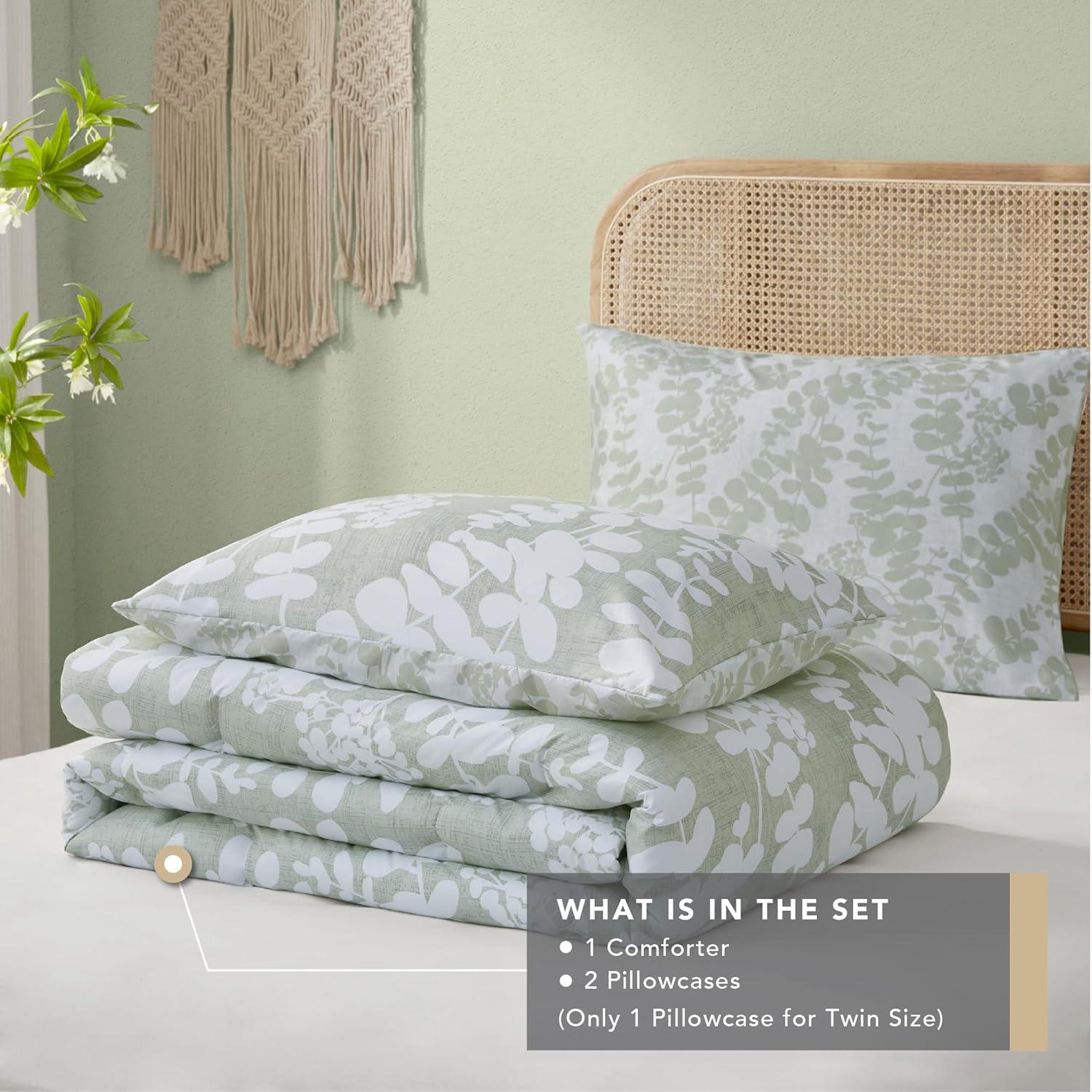 Codi Green Floral Comforter Twin Size, Sage Botanical Bedding Set | Nature Style, Unique Reversible Design, Better for Spring and Summer | Leaf Print 3 Pieces