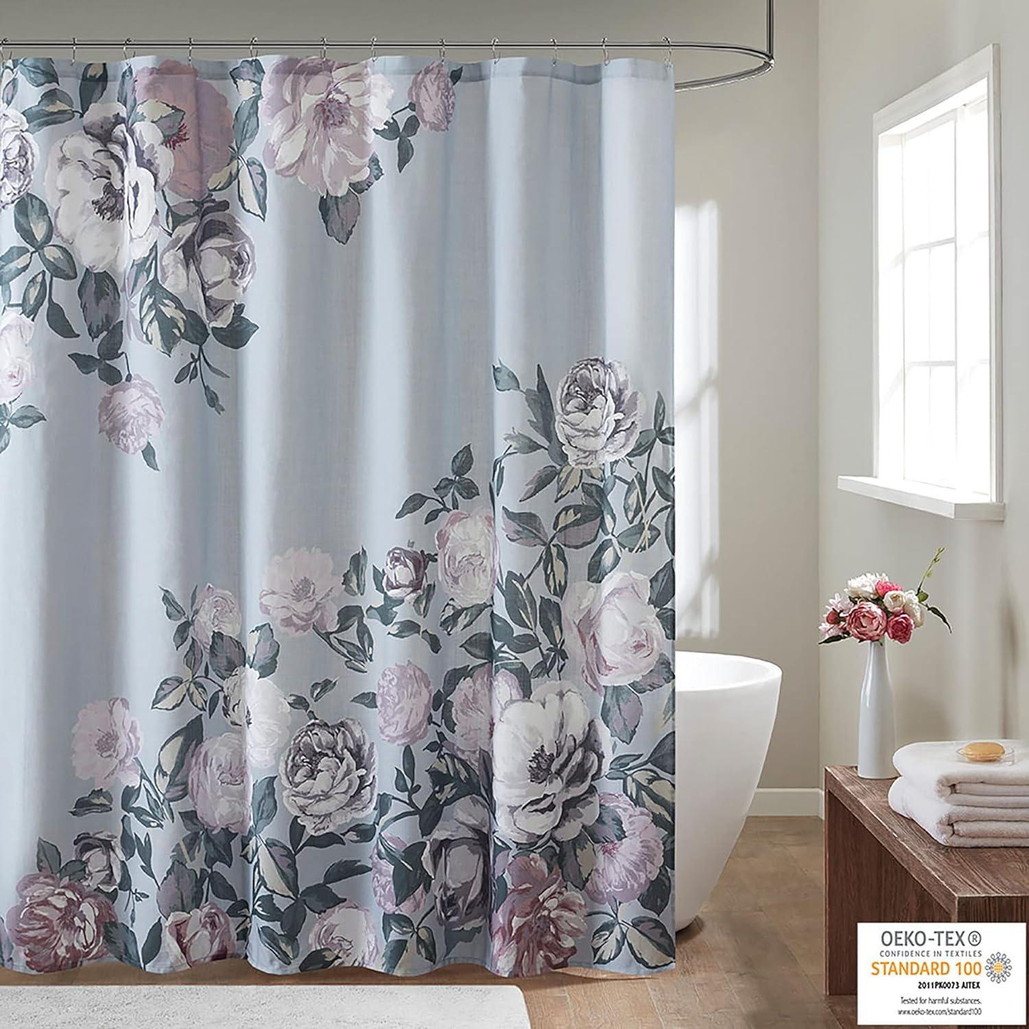 Charisma Grey Cotton Floral Shower Curtain