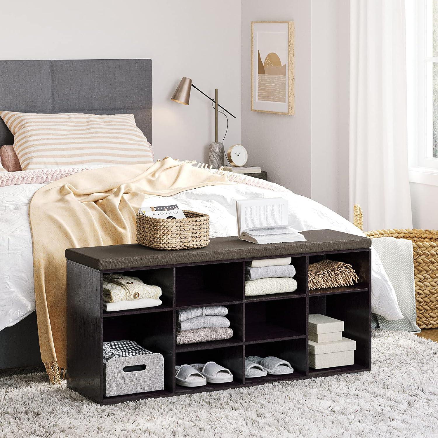 Espresso Shoe Storage Bench with Cushion and Adjustable Shelves