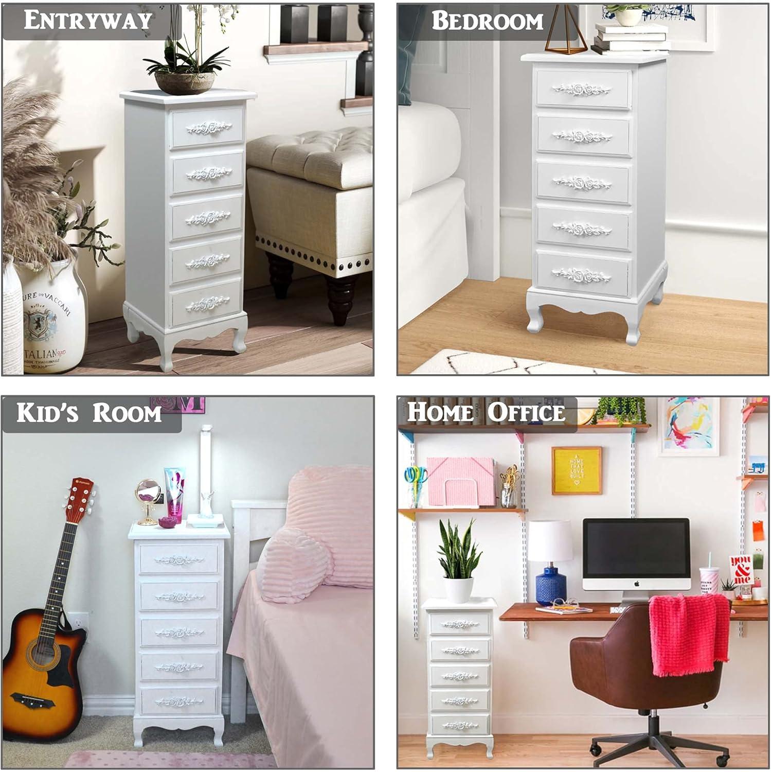 Fully Assembled White Lingerie Dresser, Tall Skinny Chest, Wood Nightstand for Bedroom, Girls Dresser, Antique Furniture, Baby Nursery Storage, Free Standing Jewelry Organizer with Queen Anne Legs