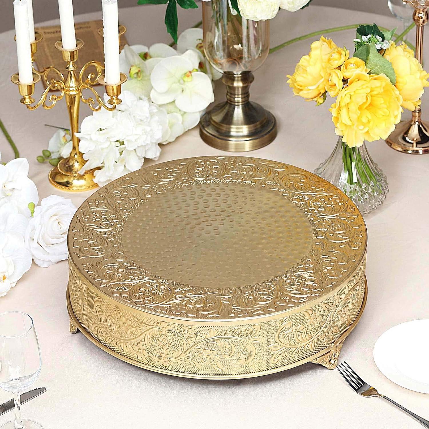 Efavormart 18 inch Gold Round Embossed Metal Cake Plateau Stand Riser Wedding Birthday Party Dessert Cake Pedestal Display Plate