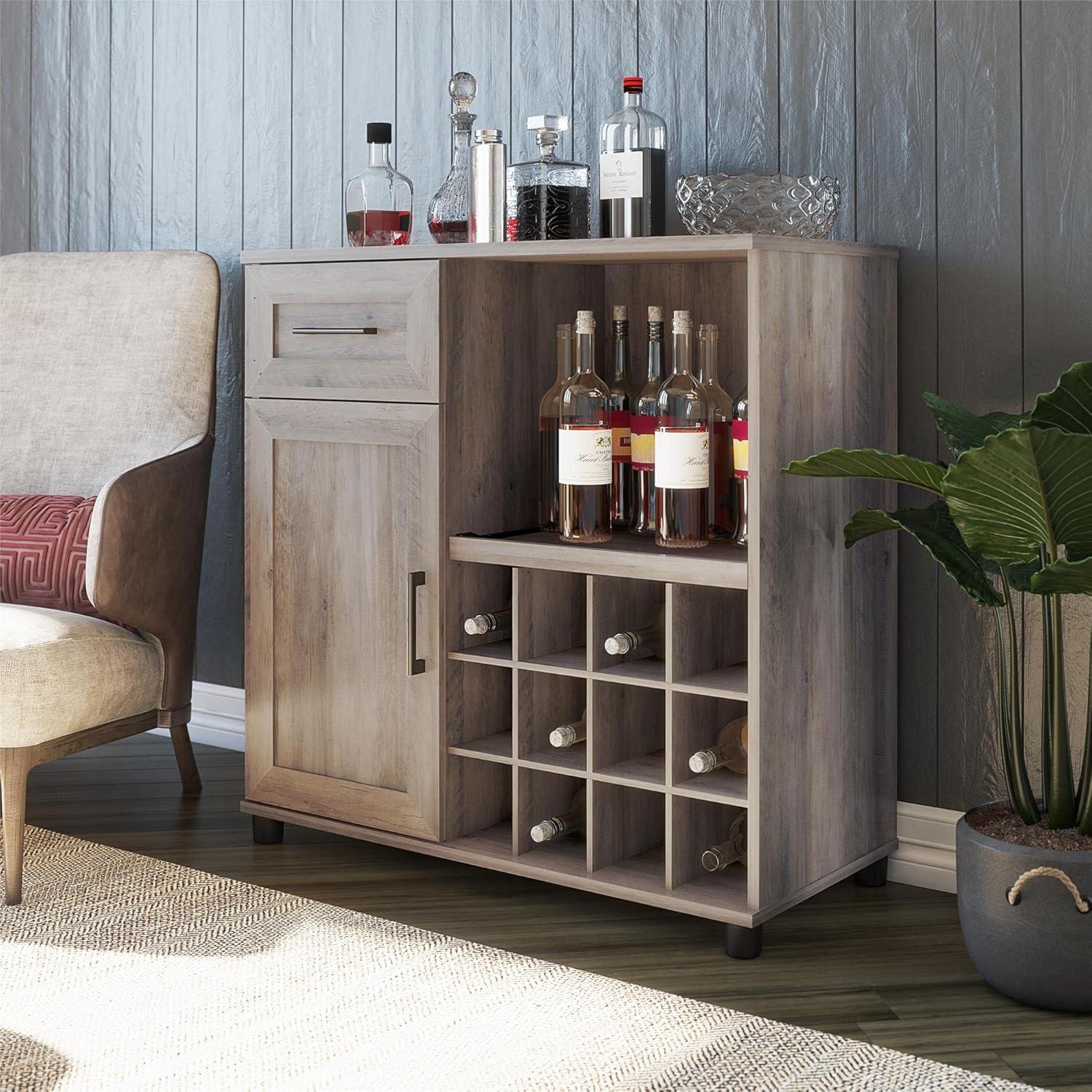 Gray Oak Particle Board Bar Cabinet with Wine Rack and Shelves